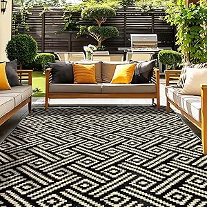OPPODREAM Outdoor Rug 5x8 Ft, Waterproof Outdoor Plastic Straw Rug for Patio, Reversible Out Door Carpet for Camping, Deck, Rv, 5 x 8 Area Carpet for Balcony, Porch, Backyard, Black and Beige