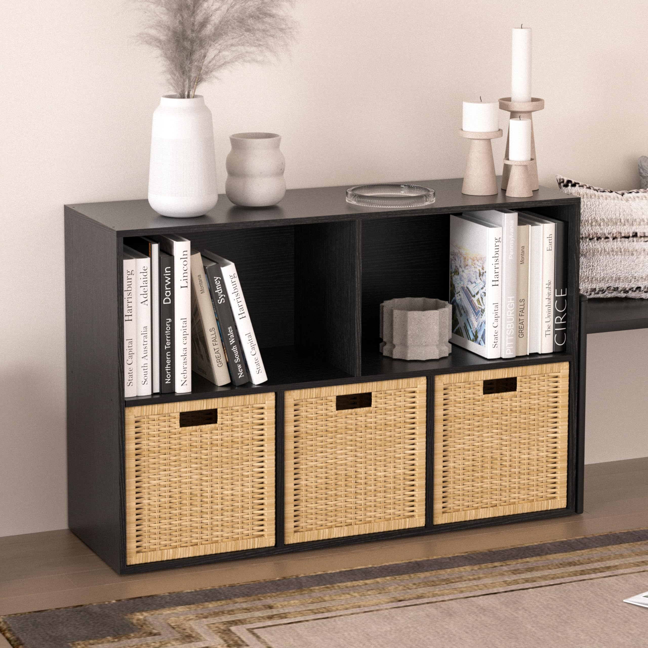Organiseur de Rangement en Bois à 5 Cubes avec Panneau arrière fermé, étagères cubiques Blanches avec Compartiments pour Le Salon (Noir, 5 Cubes)