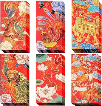 Chinese New Year Red Envelopes, 30 Pack 6 Styles Lucky Money Envelopes for Cash - 6.6 x 3.5 Inches, Peacock Dragon Goldfish Design Hong Bao Pocket for Lunar New Year, Spring Festival