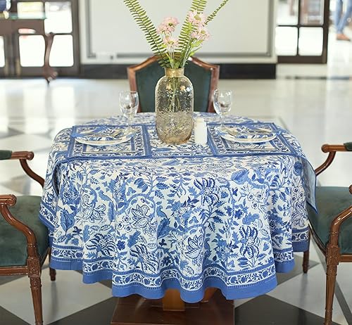 Labhanshi Jaipur - Mantel redondo de algodón floral con estampado de bloques indios de 72 pulgadas, mantel de comedor de cocina de Acción de