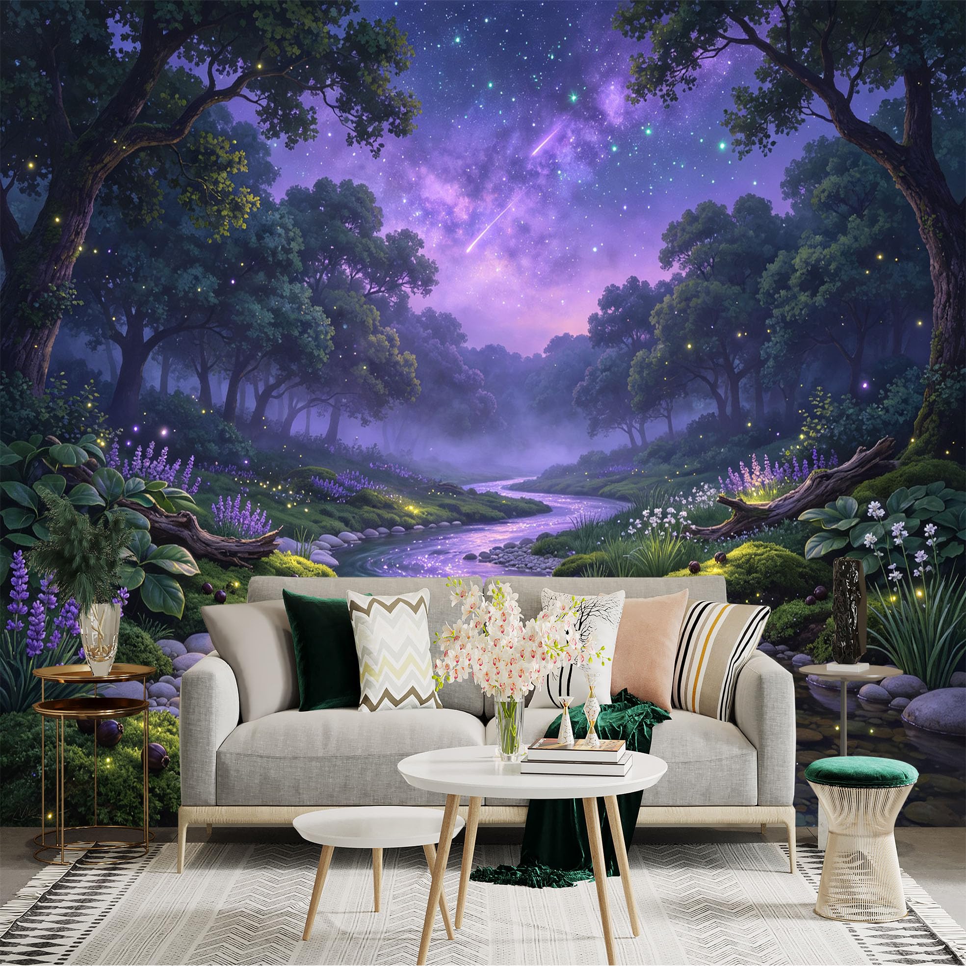 Lnzczhyre Bh260719515 Custom Size Wall Sticker Mural， Enchanted Purple Forest With Glowing River， Starlit Sky， Dreamy Landscape， For Wall Decoration， Peelandstick Wall Decals.