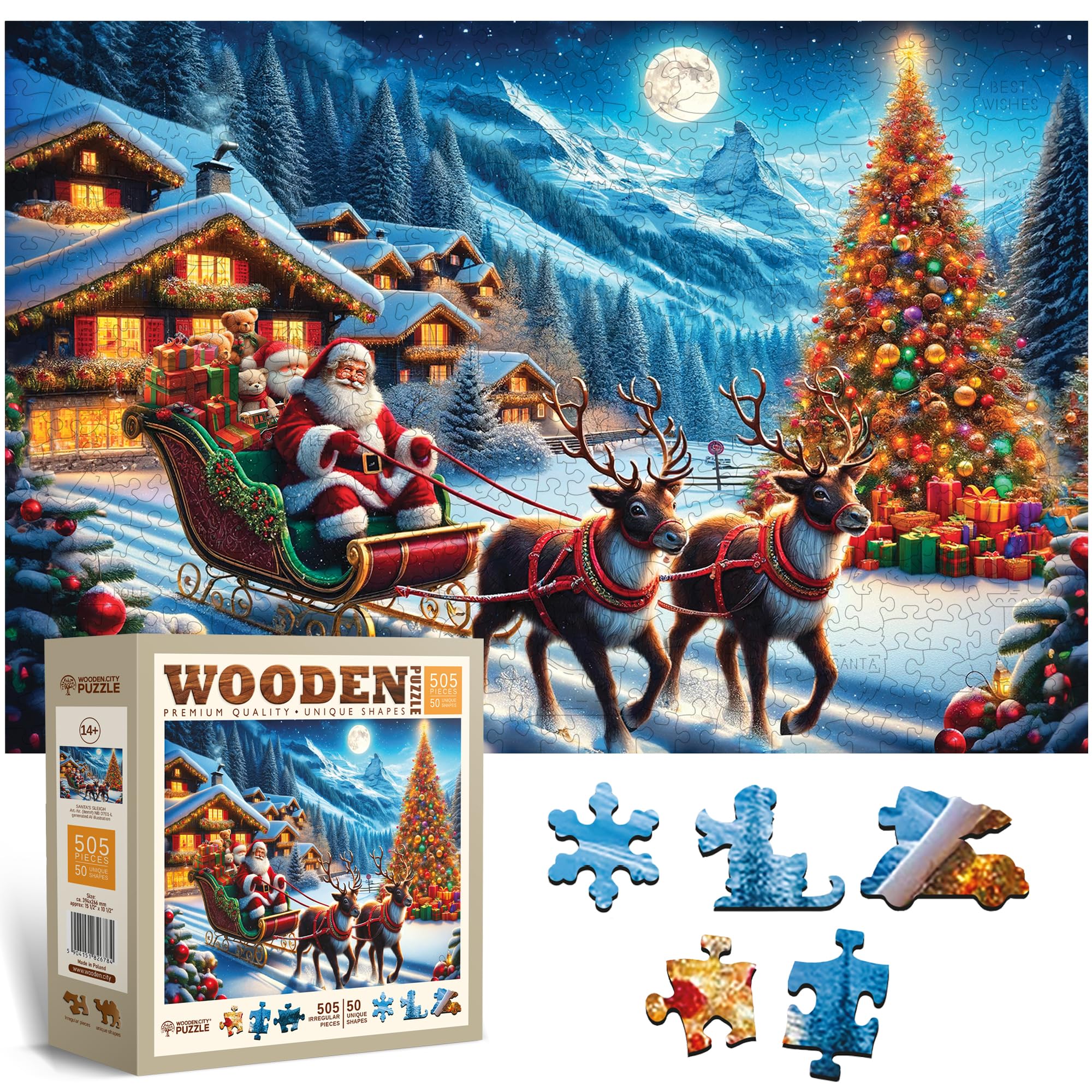 WOODEN.CITY 500 Piece Wooden Christmas Jigsaw Puzzle  Festive Holiday Scene with 50 Unique Figurine Pieces, Premium Laser-Cut Wood, Seasonal Dcor (Santa's Sleigh)