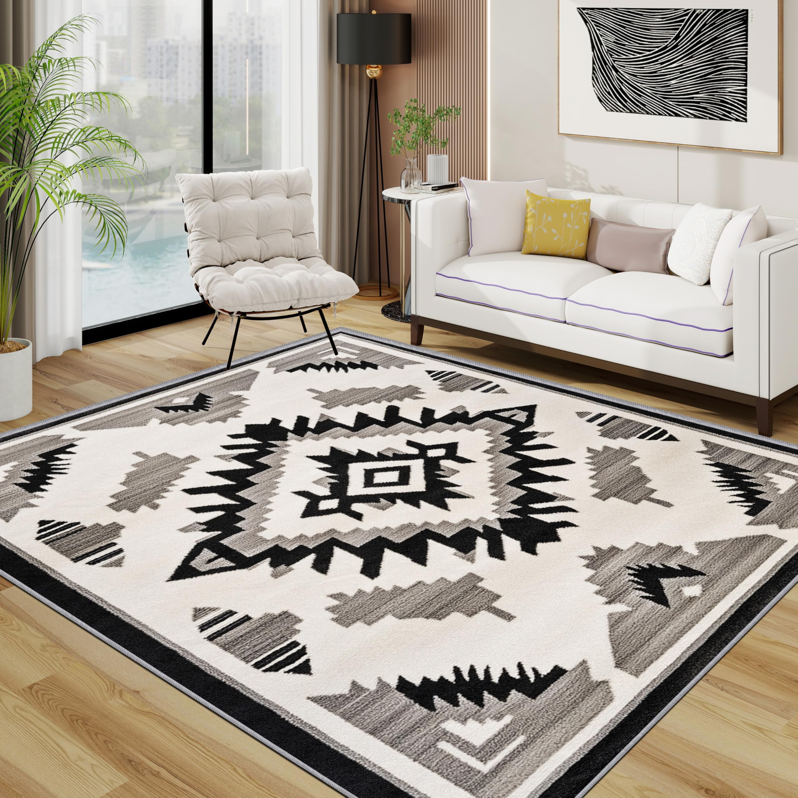 Aztec Rugs Living Room Large 160x230 - Ethnic Geometric Navajo Bedroom Rug, Tribal Black and Beige Washable Non Slip Low Pile Carpet, Aztec Home Decor