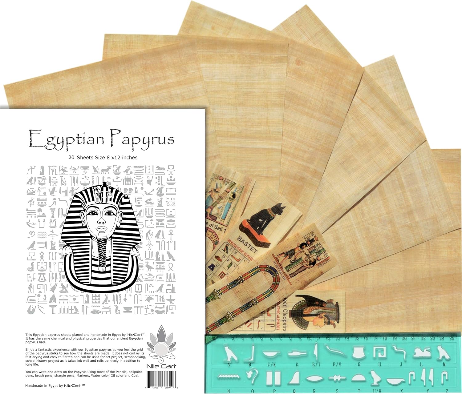 NileCart 8x12 in Egyptian Papyrus Paper – Blank Art Paper Crafting Supplies Set with Hieroglyphic Alphabet Stencil Ruler and Bookmarks. (20 Sheets)