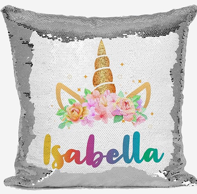 DAILY GIFTS Personalised Unicorn Any Name Magic Reveal Silver Sequin Cushion Cover Gift 1 (Case + Filling)