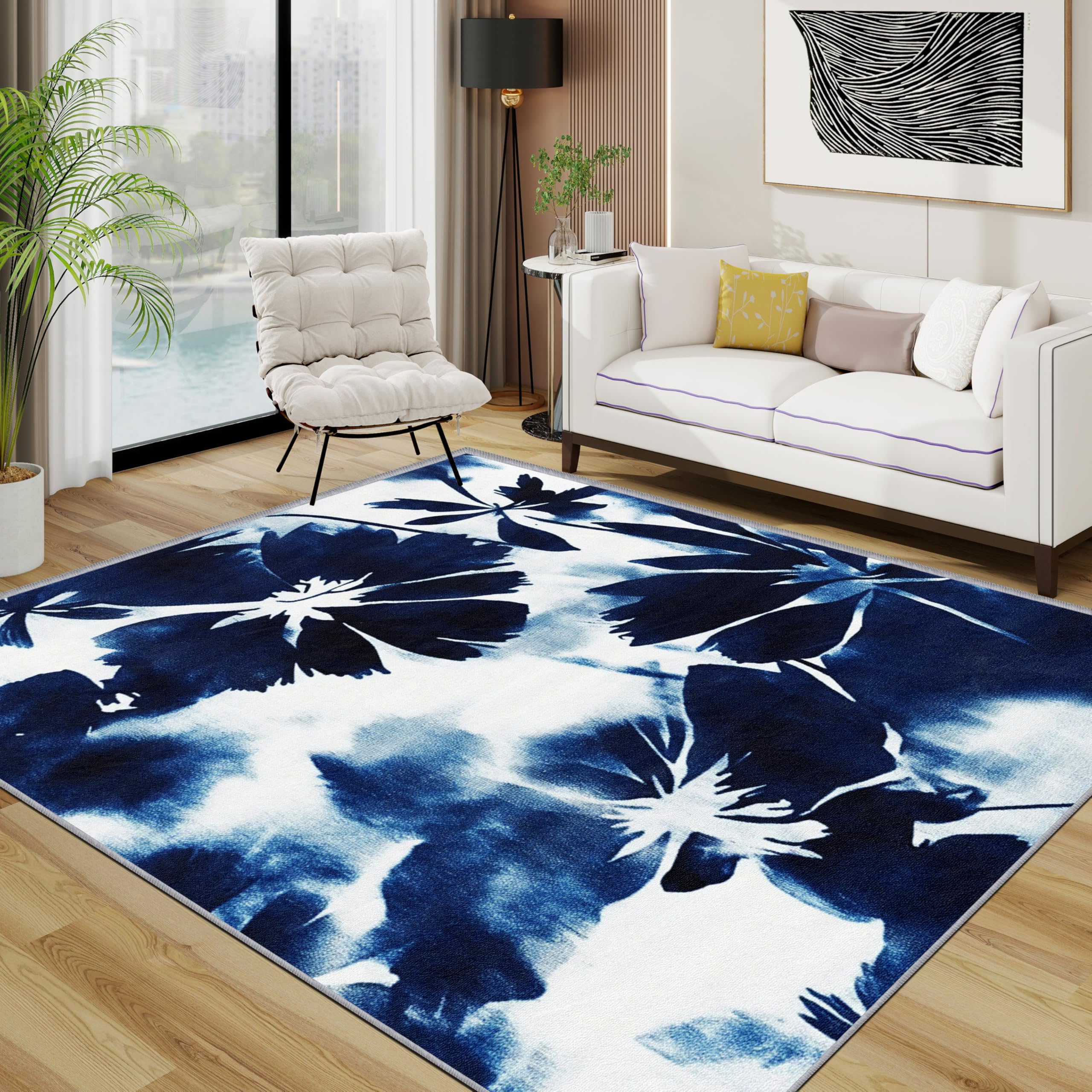 TerroVee Floral Area Rugs for Living Room 120x120 - Blue and White Flower Botanical Rug for Bedroom, Minimalist Ink Painting Non Slip Washable Short Pile Carpet, Floral Room Decor