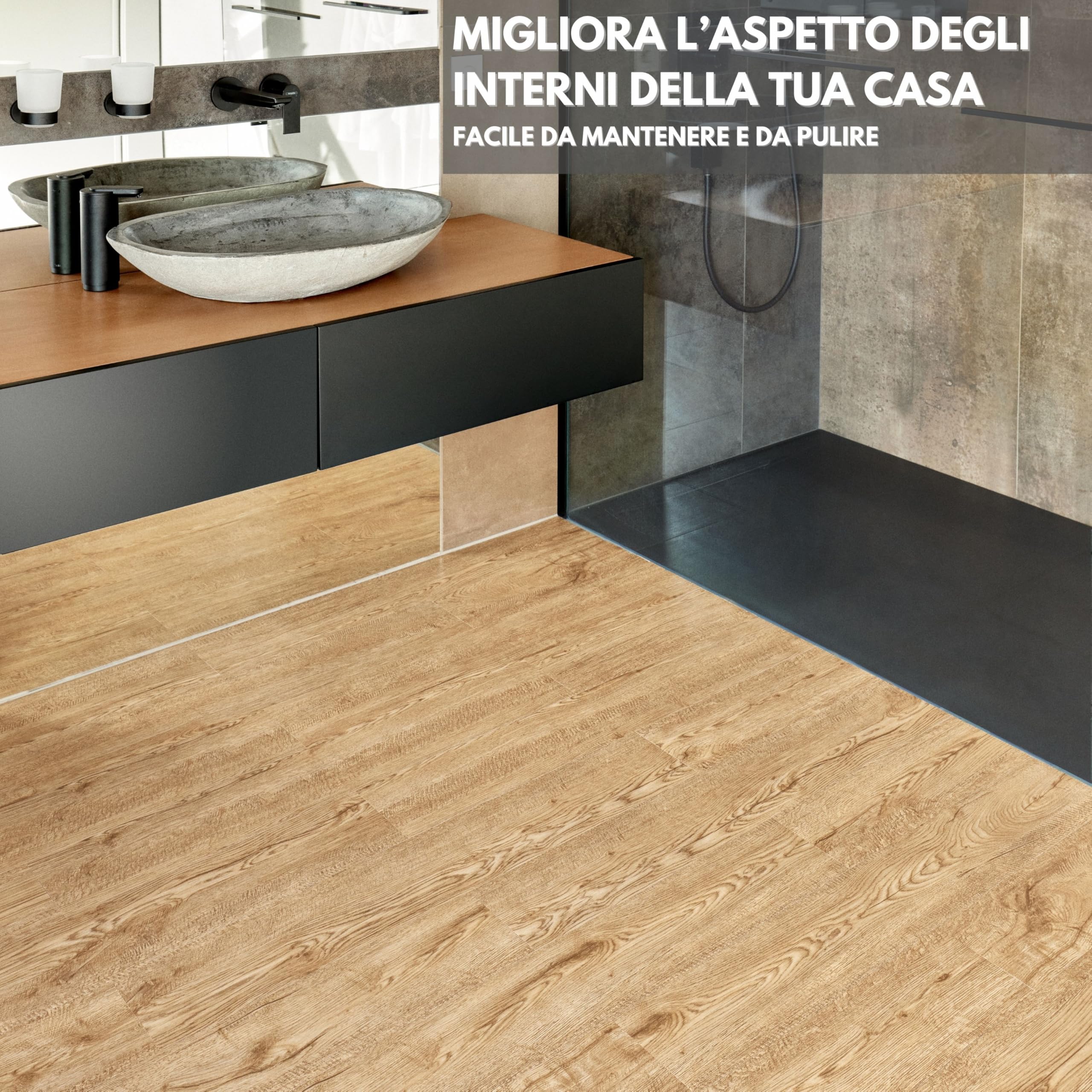 Pavimento PVC Adesivo – Confezione da 10 Doghe, Copertura 1,39 m², Impermeabile Piastrelle Adesive Pavimento Ogni Doga 91,4 x 15,2 cm – Marrone Effetto Legno Rovere Miele per la Casa, Ufficio