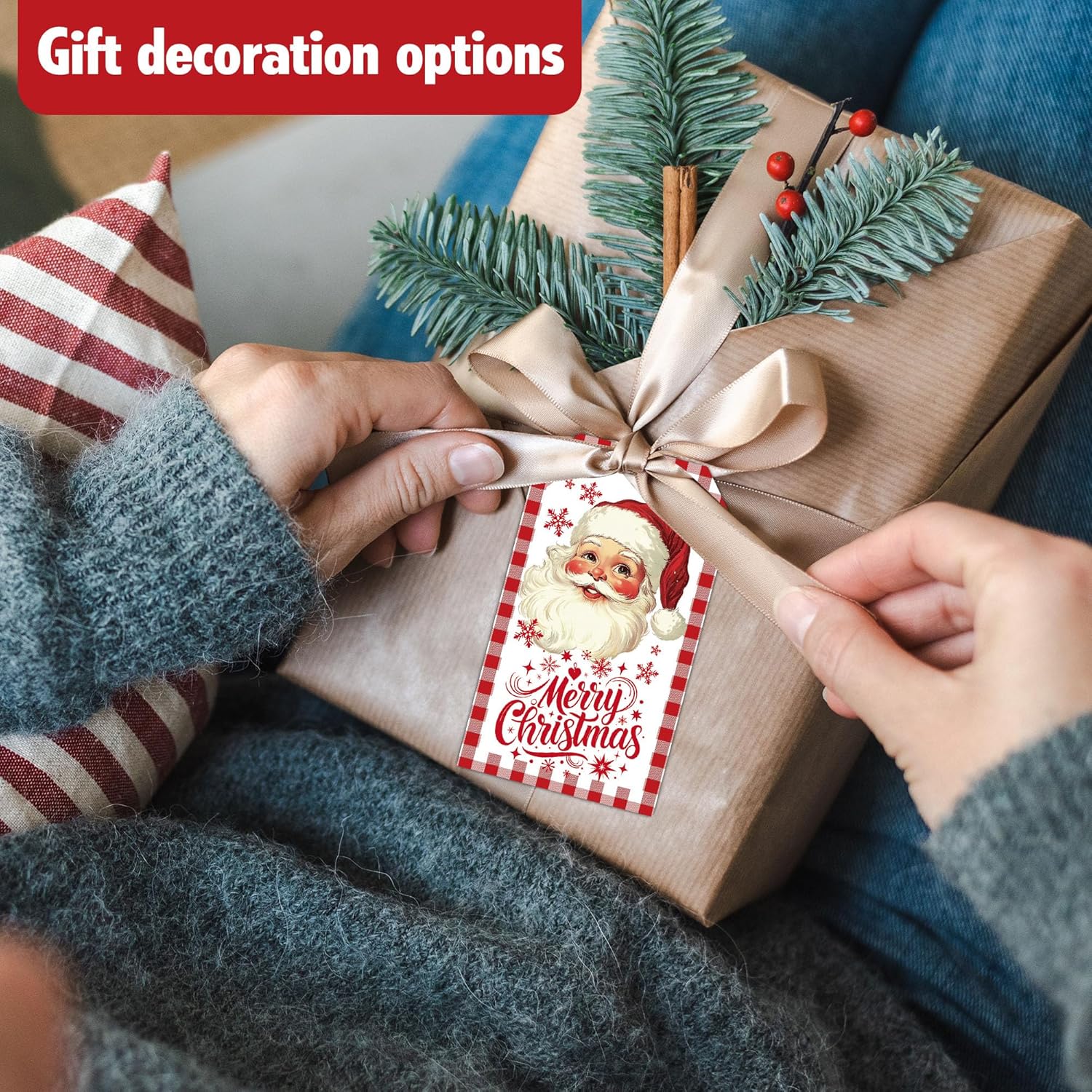 Merry Christmas Gift Labels with String, 2x3.5 Inches Christmas Santa Claus Paper Tags, 50PCS Buffalo Plaid Gift Tag for Xmas Presents, Holiday Wrapping Party Favor Decor Supplies-A01 - Image 6