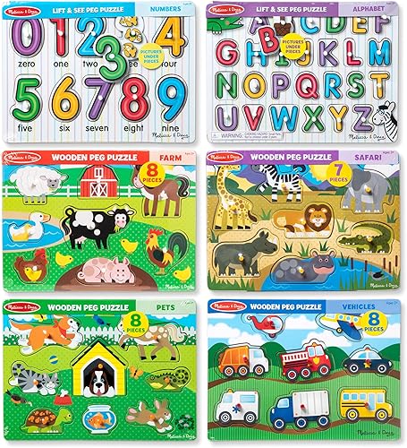 Miniatura 4 de Melissa  Doug Rompecabezas de clavijas de madera paquete de 6 números letras animales vehículos