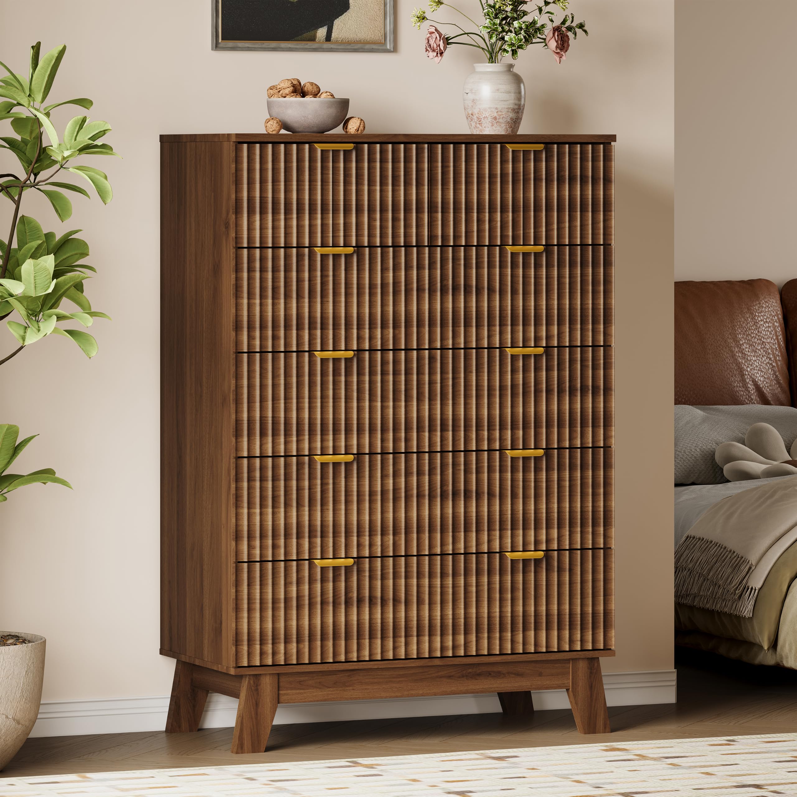 BORNOON 46" Tall Dresser for Bedroom, 6-Drawer Fluted Chest of Drawers, Modern Wood Highboy with Deep Storage, Metal Slides and Handles, Vertical Clothes Organizer for Apartment, Nursery