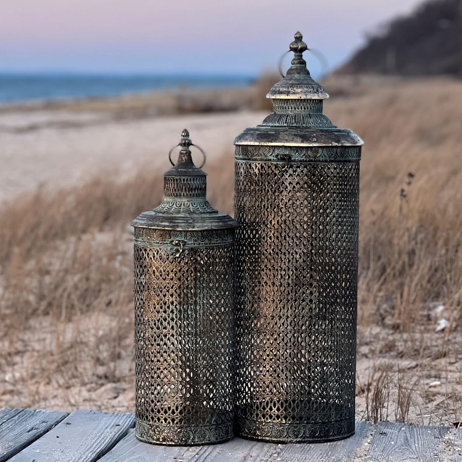 Moroccan Metal Temple Lanterns, Luxury Floor Hurricanes, Set of 2, for LED or Wax Candles, Sealed Iron, Antiqued Patina, Hinged Top, 29 and 22 Inches, the Global Chic Collection