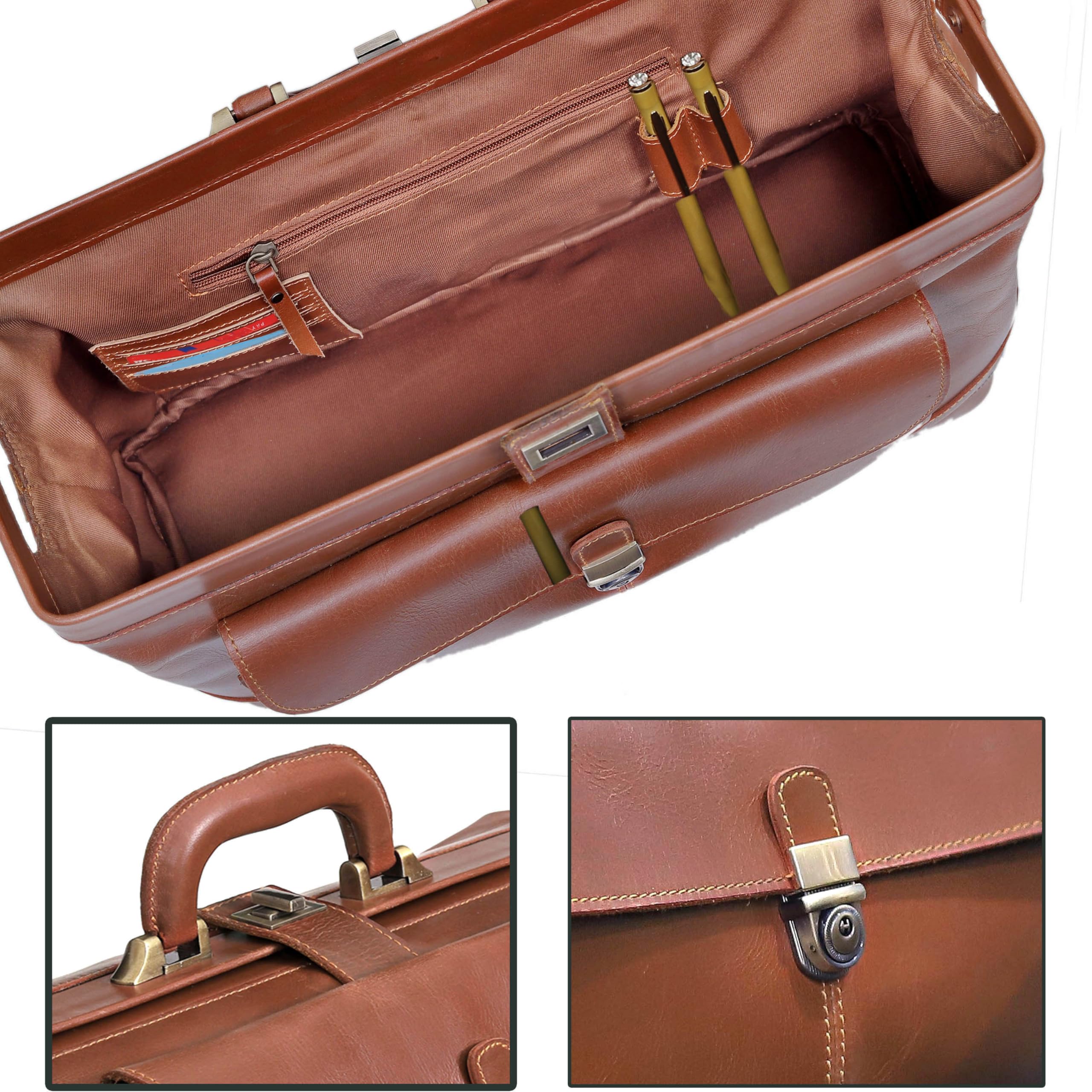 HLC Maletín de cuero vintage para médicos, bolso de mano, de piel auténtica, hecho a mano, italiano, Beige Bronceado, 16 x 7 x 11.5 inches