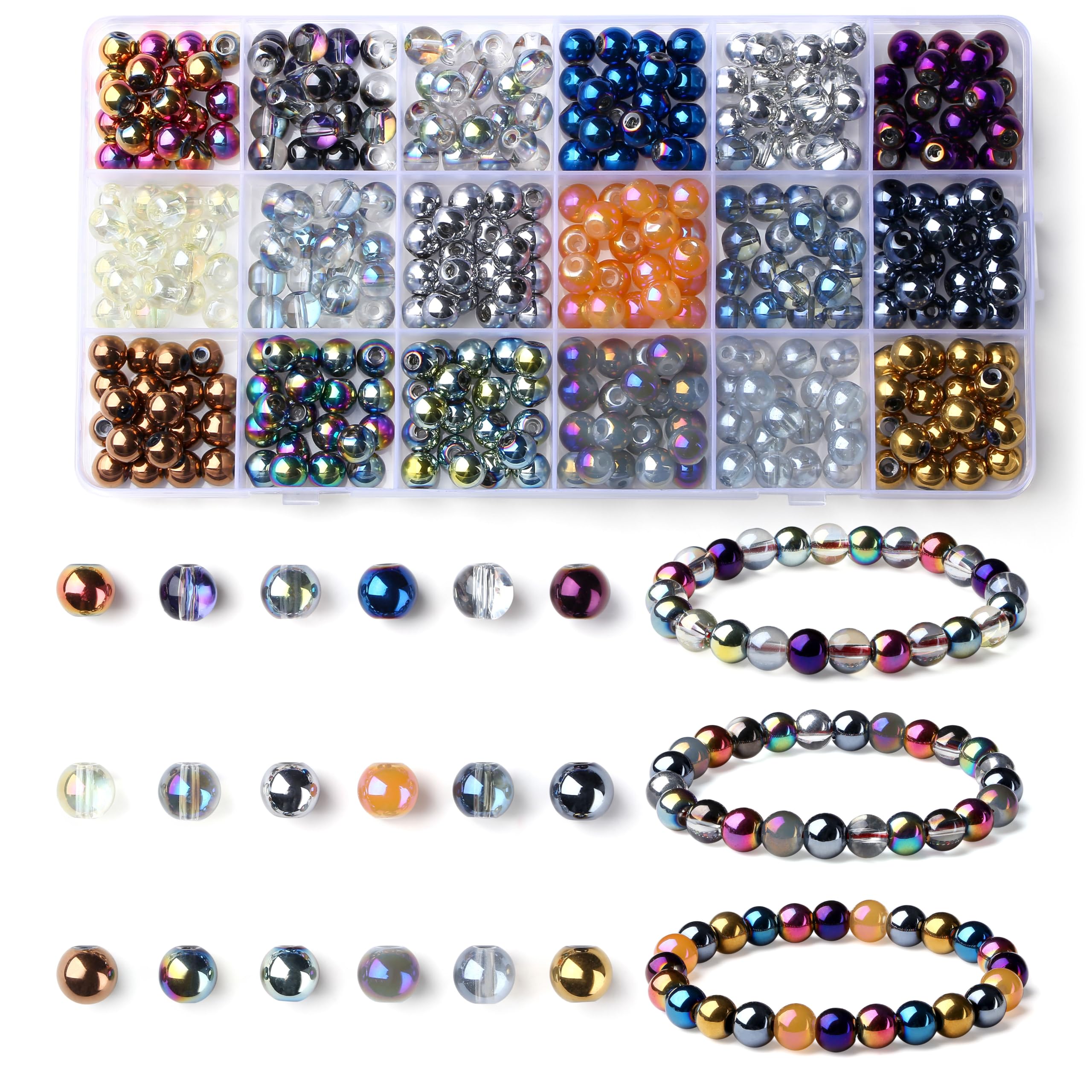 AWARDSEN 8mm Silver Plated Round Rainbow Shimmer Glass Beads, 360Pcs Cyberpunk Style Spacer Beads for DIY Jewellery Making, Bracelets, Necklaces, Earrings