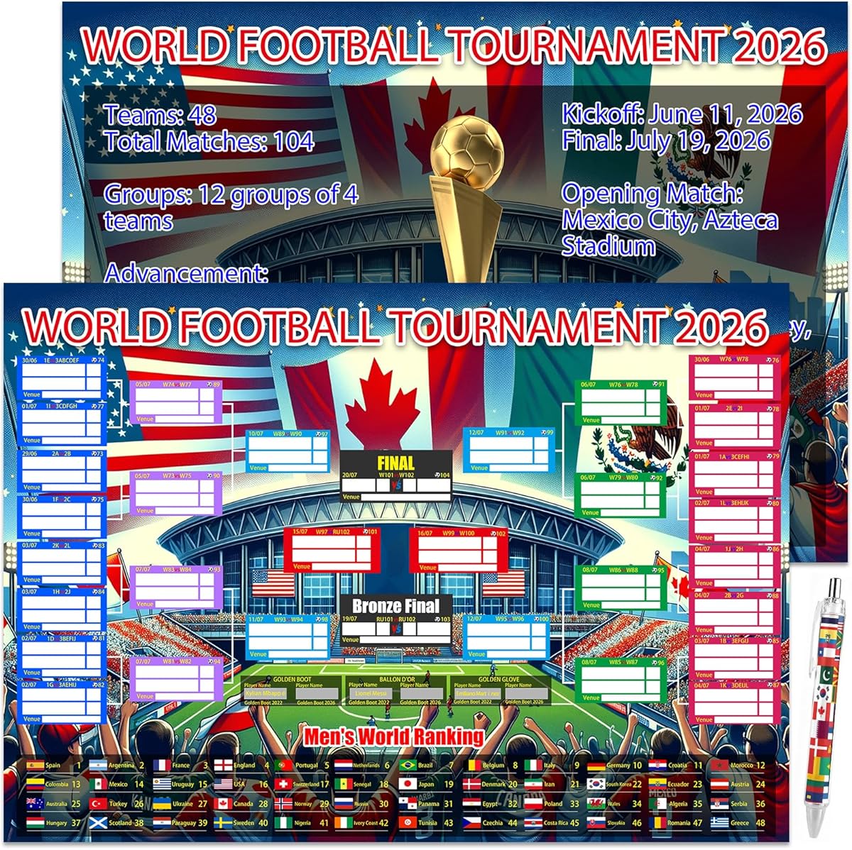 2PCS World Cup Football 2026 Interactive Foldable Poster 2026 World Cup Ball Competition Schedule Includes 8 Double Sided Adhesive Rings And A Flag-Themed Ballpoint Pen Fan Gifts Bar Display 87x58cm