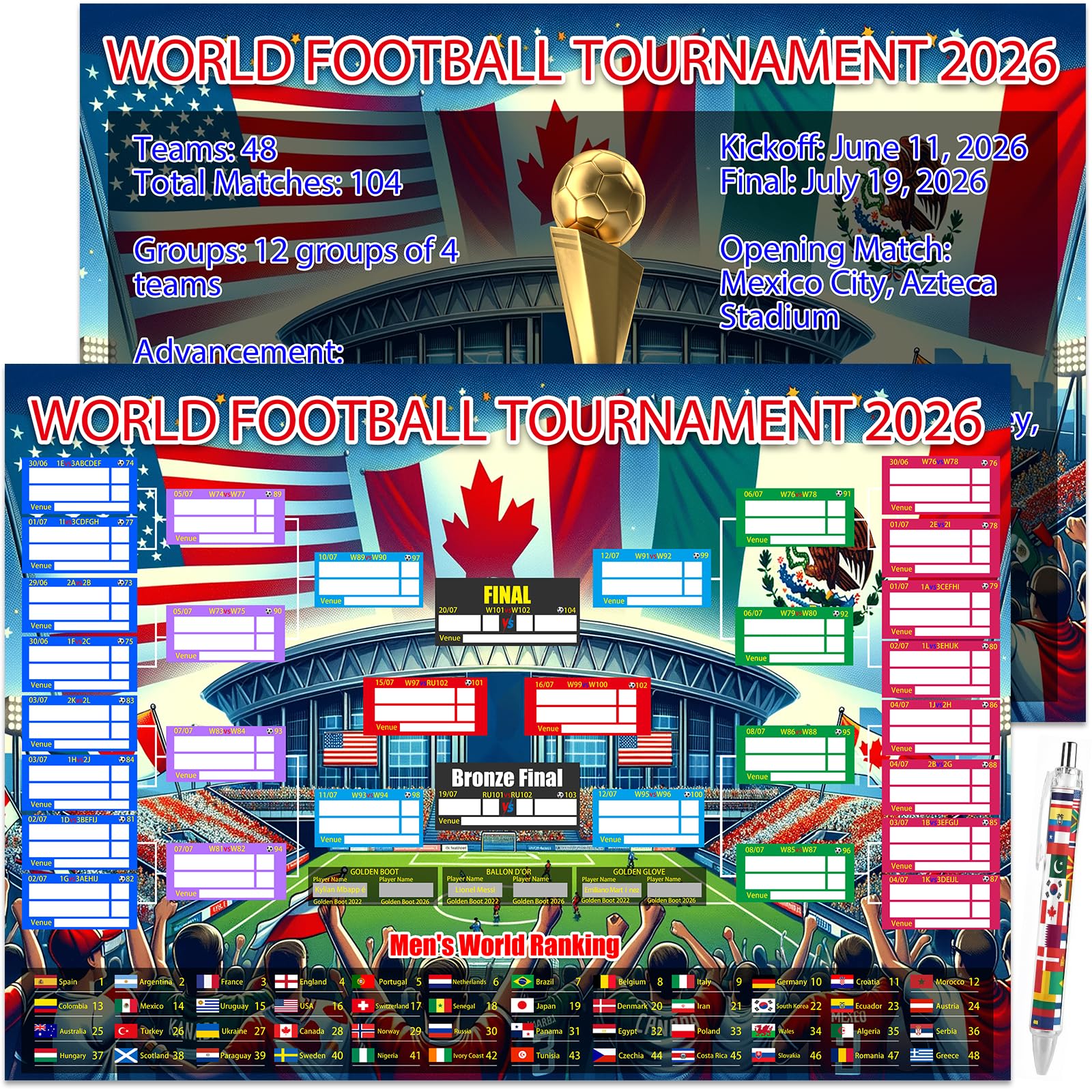 2PCS World Cup Football 2026 Interactive Foldable Poster 2026 World Cup Ball Competition Schedule Includes 8 Double Sided Adhesive Rings And A Flag-Themed Ballpoint Pen Fan Gifts Bar Display 87x58cm - 1