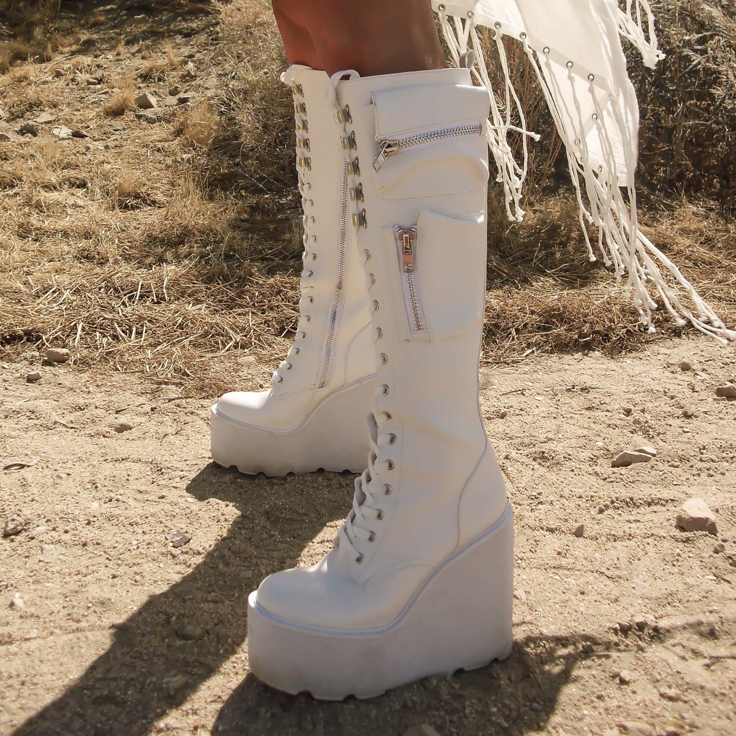 Dolls Kill Obsidian Pocket Platform Boots by Current Mood – Vegan Leather Knee High Boots for Grunge Fashion: 9 White