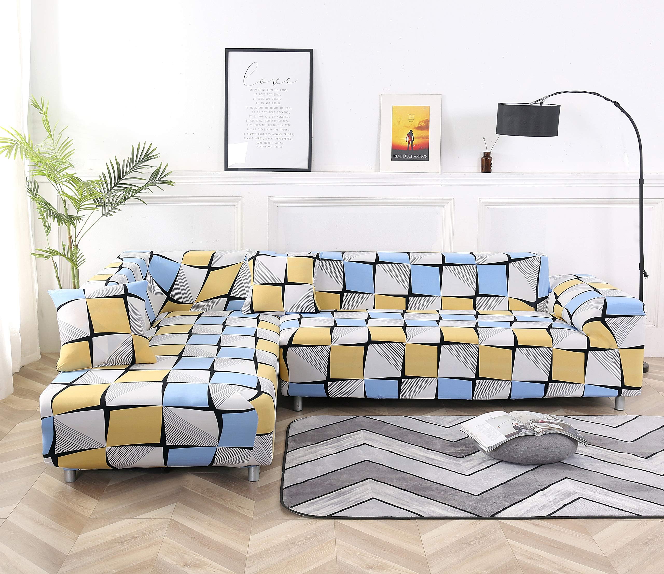 OSISLE High Elastic Printing Polyester L-Shaped Sofa Cover Non-Slip Sofa Cover; 2PCS Elastic Sleeve Sliding Cover + 2 Pillow Cases(L-Shape 3+2 Seats) (Lattice)