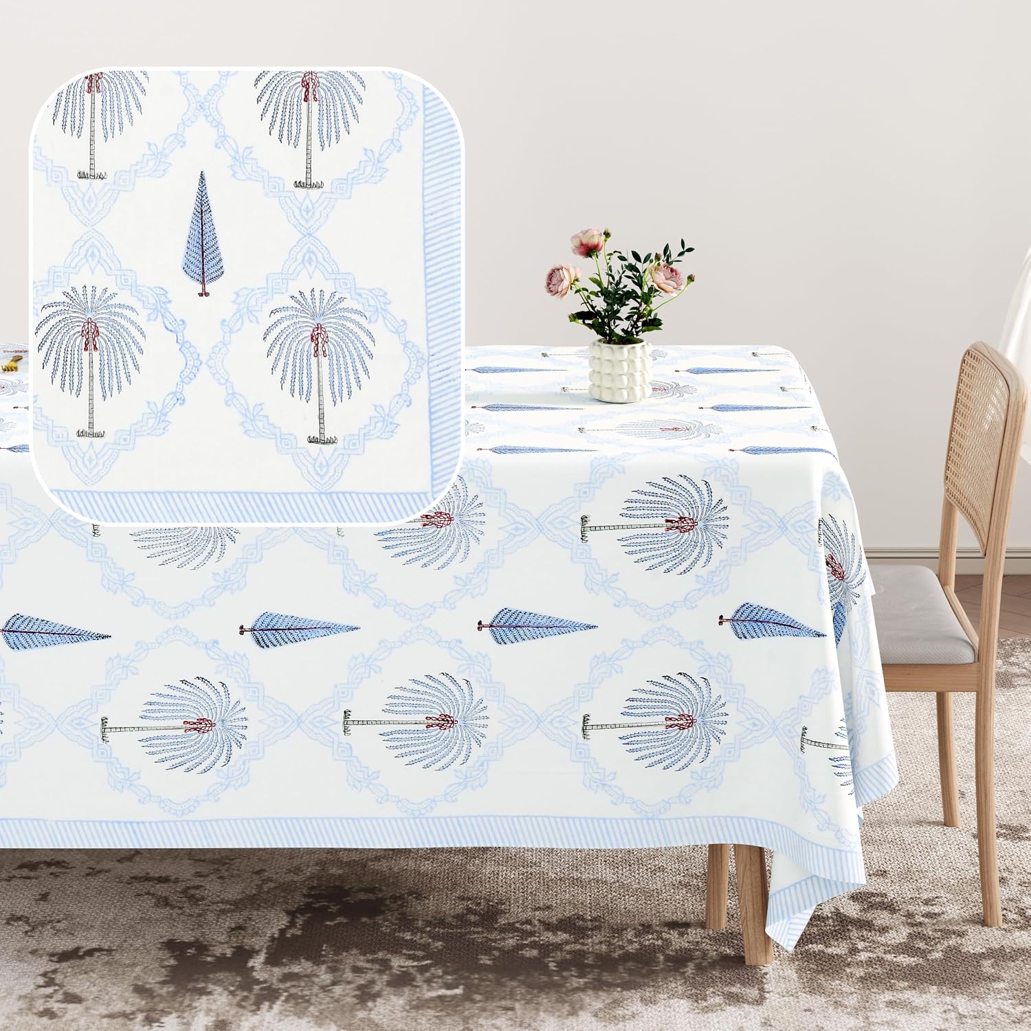 Blue Mirage Palm Tablecloth 60 Inch x 90 Inch – Handcrafted Block Print, 100% Cotton, Machine Washable Dining Table Linen, Rectangular Table Cover | Palms & Petals Collection