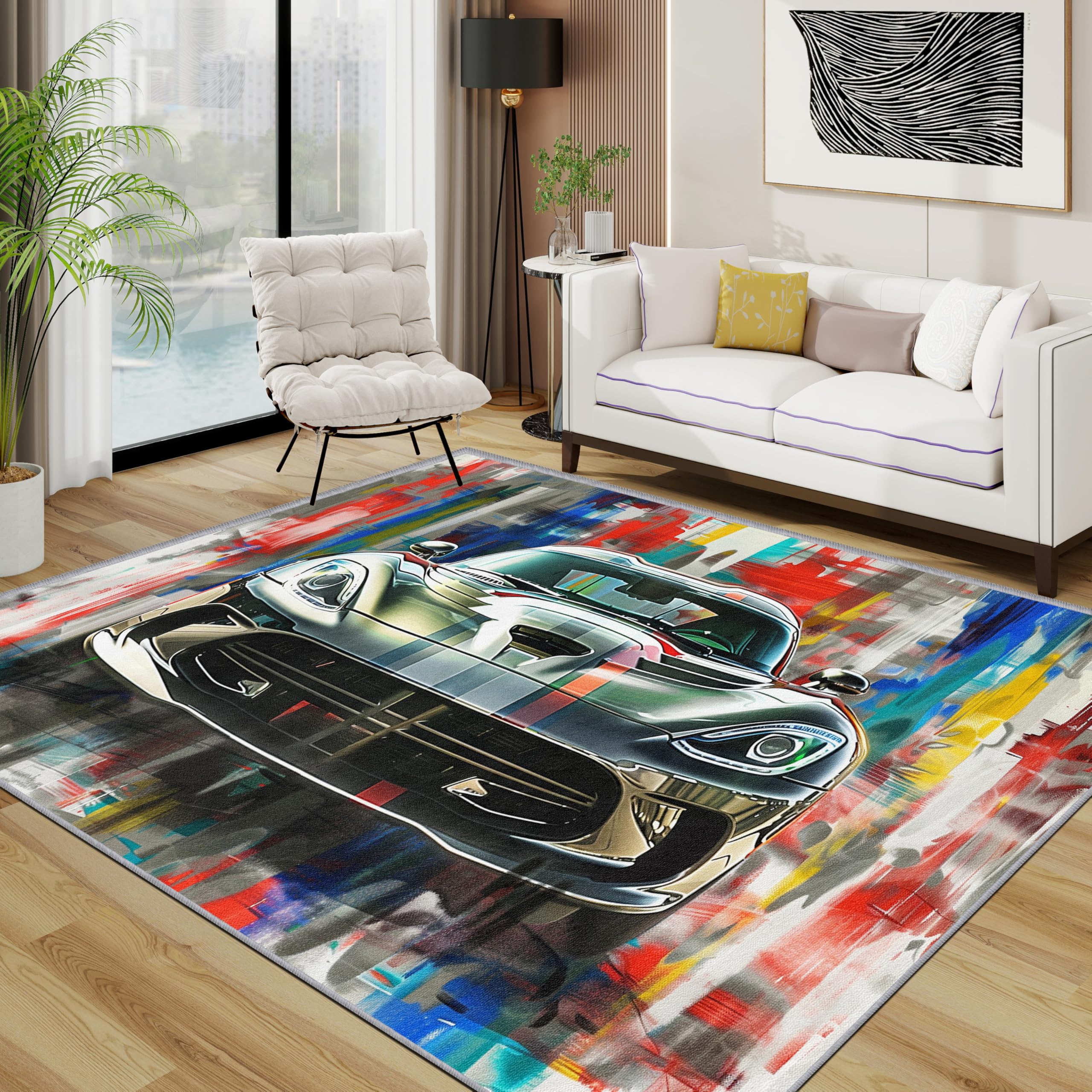 TerroVee Sports Car Rug - Colourful Graffiti Abstract Art Small Rugs for Bedroom 60x90, Boys Floor Mat Soft Washable Non Slip Indoor Mats, Sports Car Room Decor