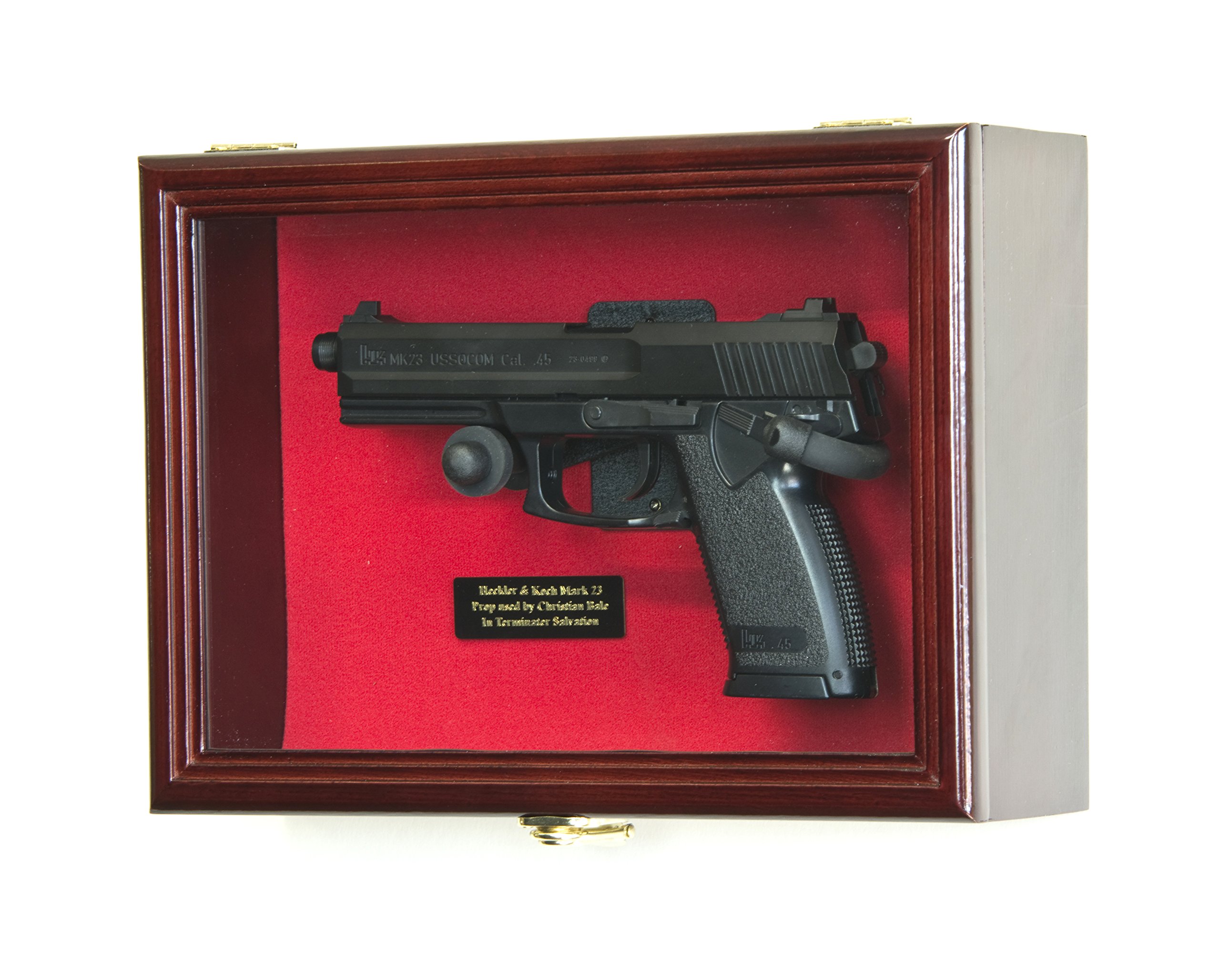 Single Pistol Display Case Wall Mount Solid Hardwood Cabinet (Cherry Finish, Red Felt Background)
