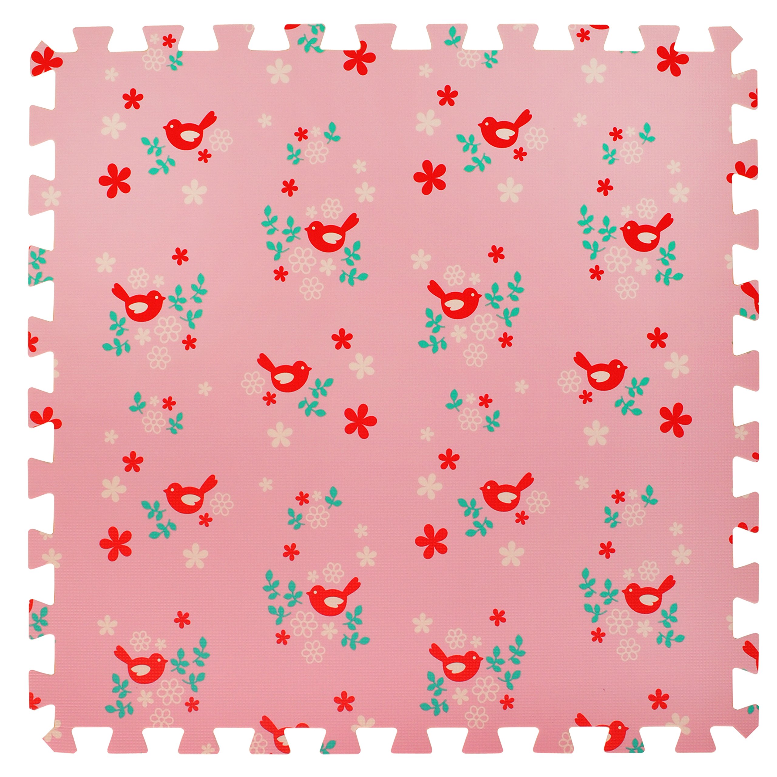 6 Large Children's Pink Foam Play Mats with Edges – 6 Large Soft Interlocking Floor Mats with Bird Pattern for Children. Each tile is 24 x 24in. Total area 72 x 48in.