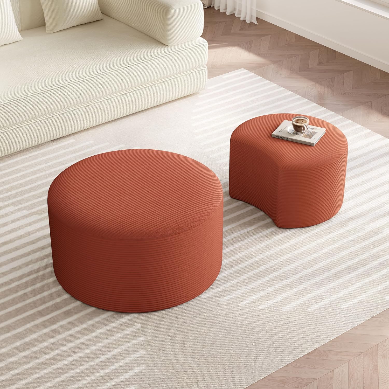 Nesting Coffee Table Set of 2, Upholstered Round Corduroy Circle Foam Round Side Table for Living Room, Entryway Set, 32"+17" Footrest No Assembly (Orange, 32"+17")