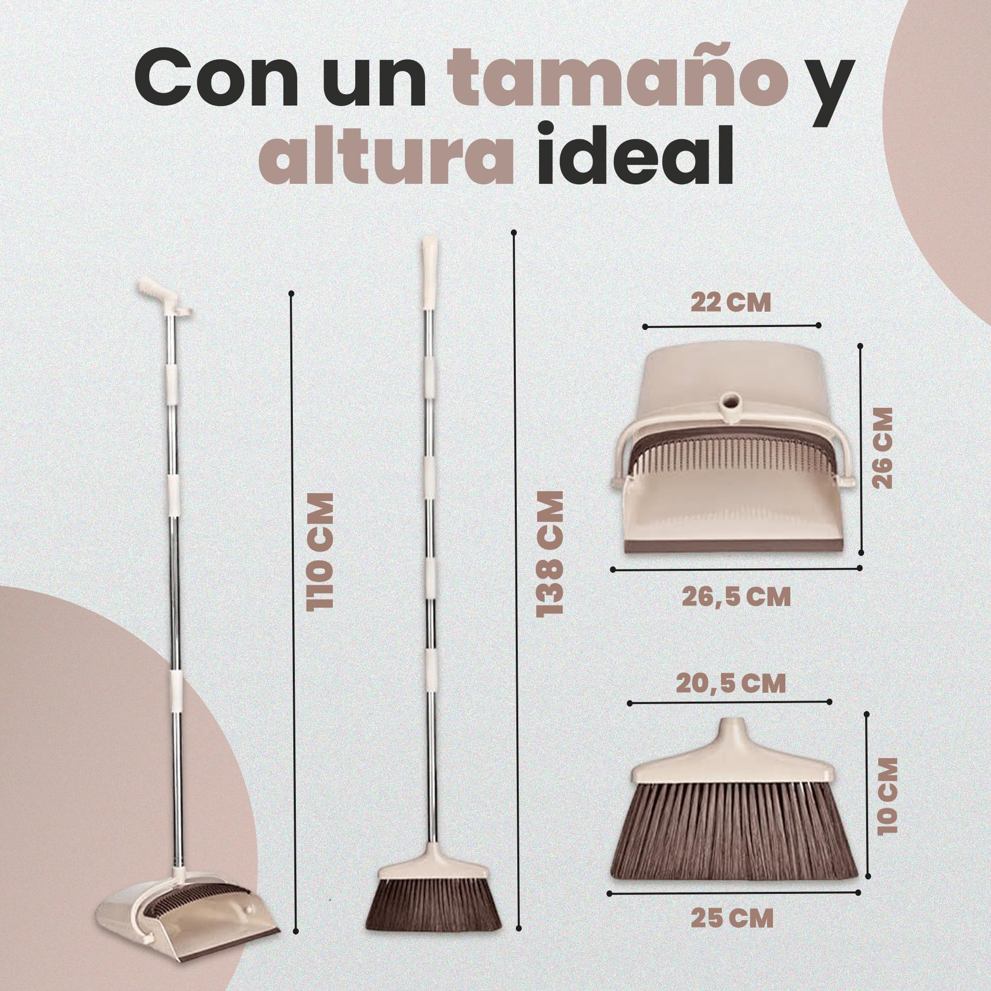 JUPPLIES Escoba y Recogedor Plegable Mango Largo, Juego Barredora Vertical Recogedor Interior para Barrido Casa Beige