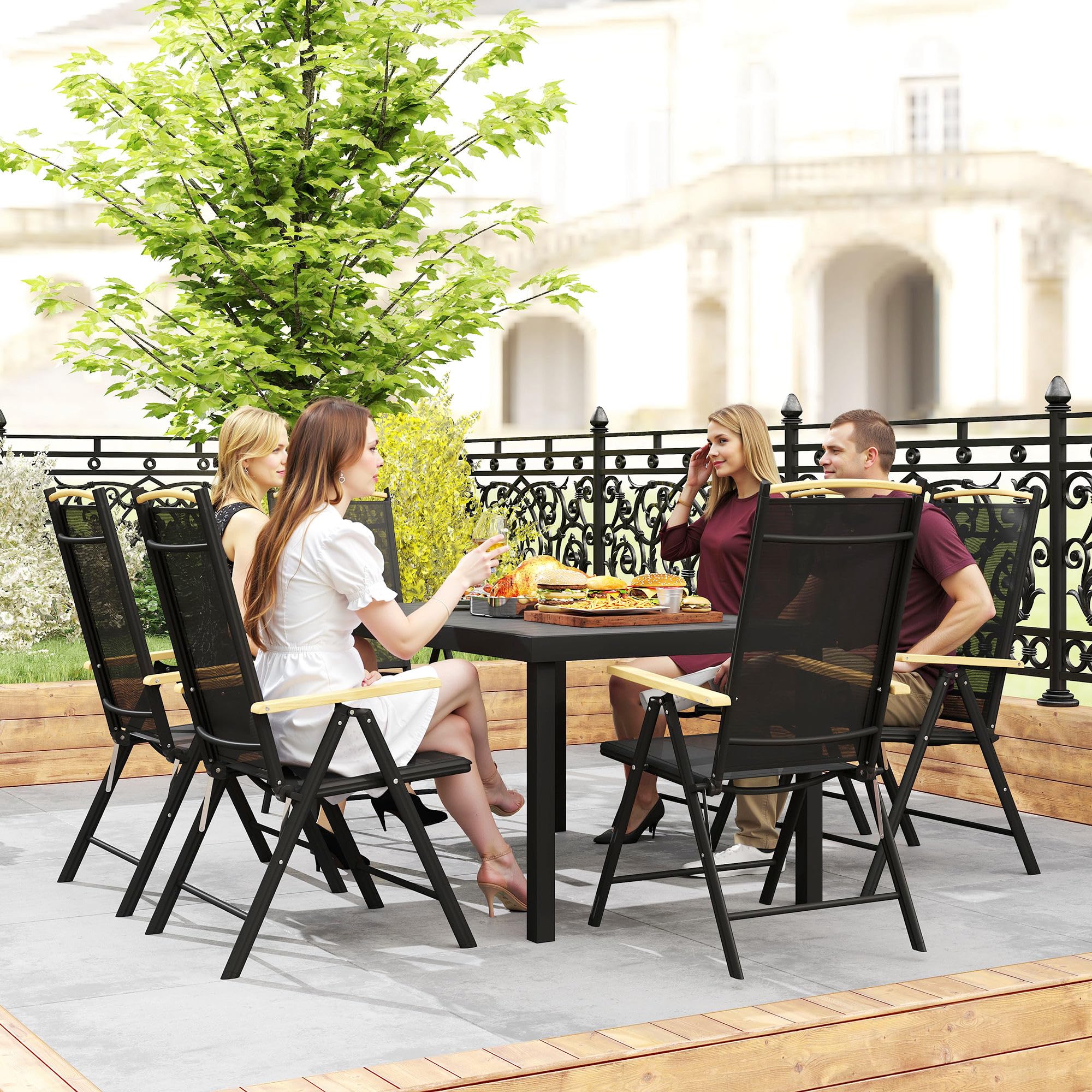 Outsunny Salon de Jardin extérieur 6 Personnes, Table de Jardin extérieure avec 6 chaises, Cadre en Aluminium, chaises Pliables et inclinables, mobilier de terrasse, Patio, Noir