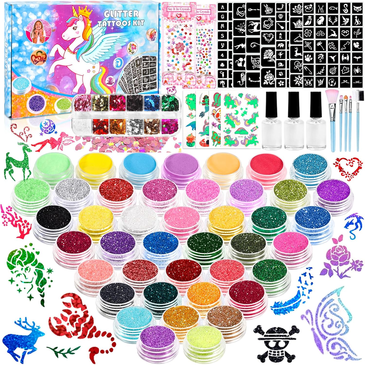 Glitzer Tattoo Set Kinder - 38 Farben, 153 Schablonen, 236 Strasssteine Komplettset