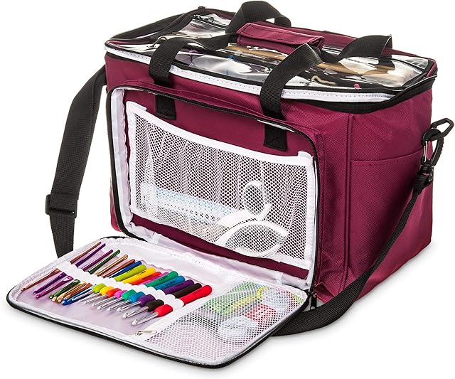 Hillington ® Knitting Storage Bag  Premium Heavy Duty Spacious Lightweight Nylon Carry All Tote Case for Holding and Organising Yarn, Wool, Needles, Crochet Hooks and Other Knitting Supplies(Maroon)