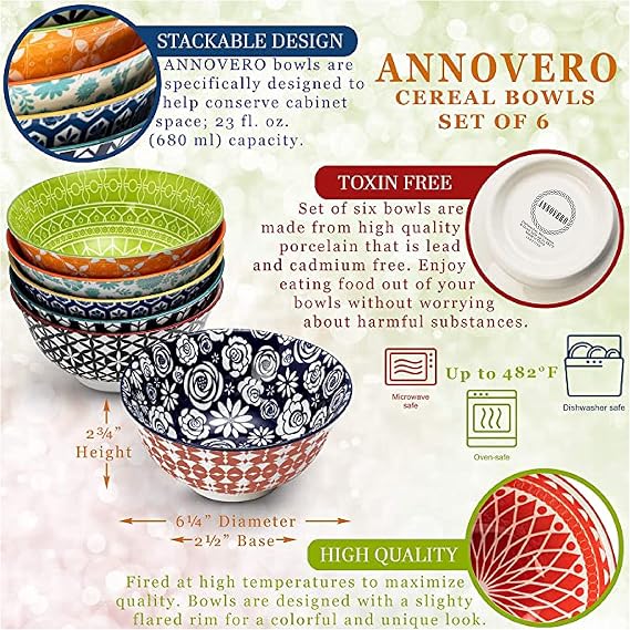 Annovero Cereal Bowls, Dessert Plates | Kitchen Dishes | Microwave Oven Safe | Colorful Porcelain Dinnerware