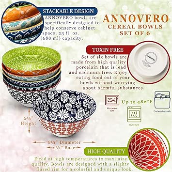 Annovero Cereal Bowls, Dessert Plates | Kitchen Dishes | Microwave Oven Safe | Colorful Porcelain Dinnerware