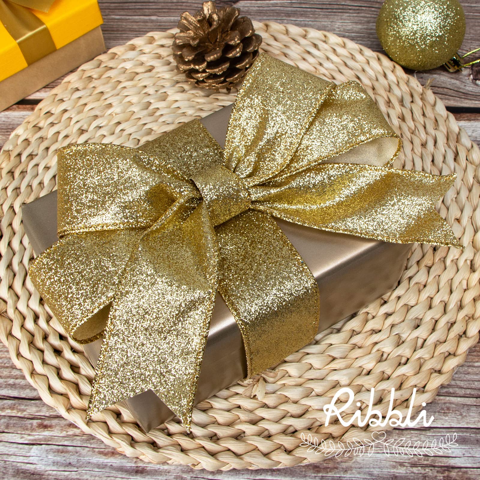 Ribbli Gold Glitter Wired Ribbon,Gold Ribbon with Metallic Edge,Christmas Ribbon for Wreath, ChritmasTree Decoration, Gift Wrapping,Home Decor, 1-1/2 Inch x 10 Yards