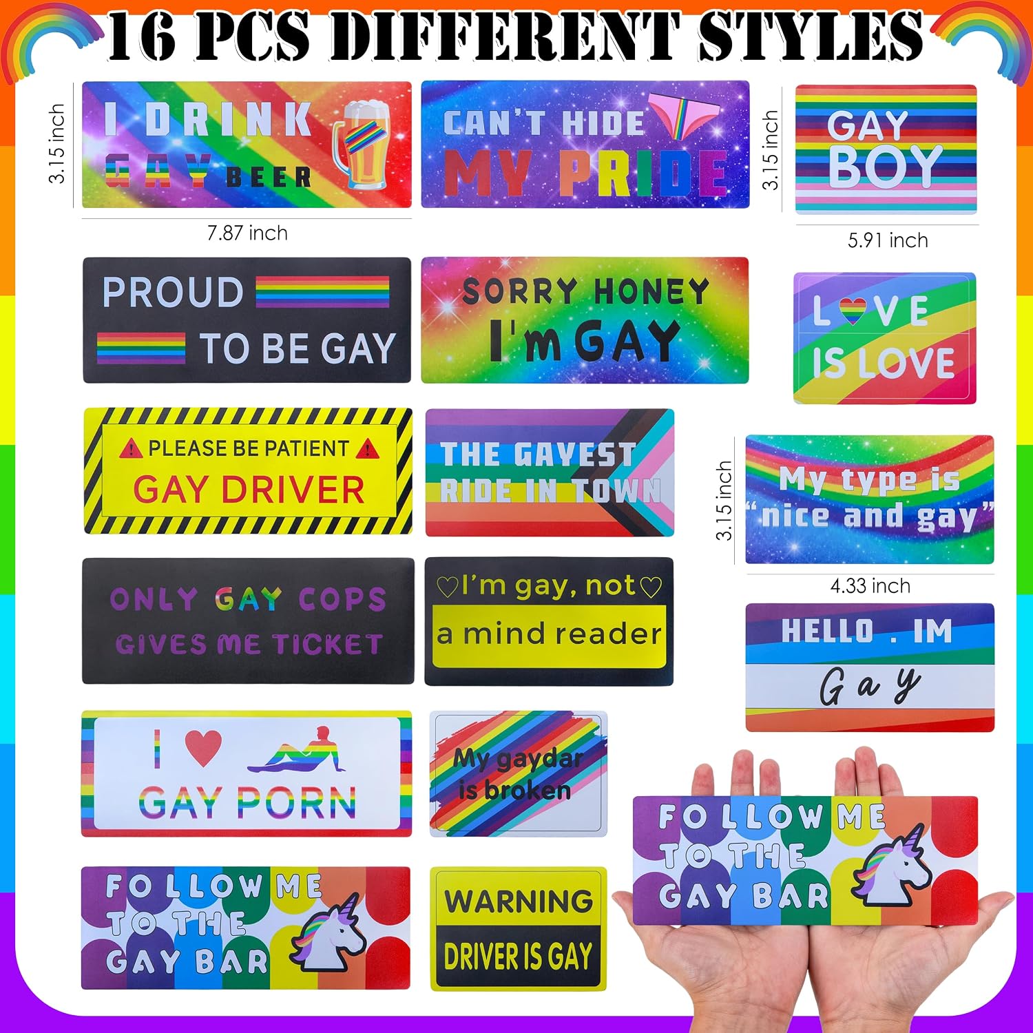 16pcs Funny Pride Gay Car Bumper Magnets, Unique Pattern Designs, 3pcs Sizes of LGBT Rainbow Pride Prank Reusable Magnetic Bumper for Suitable for Cars Trucks and Any Metal Surface