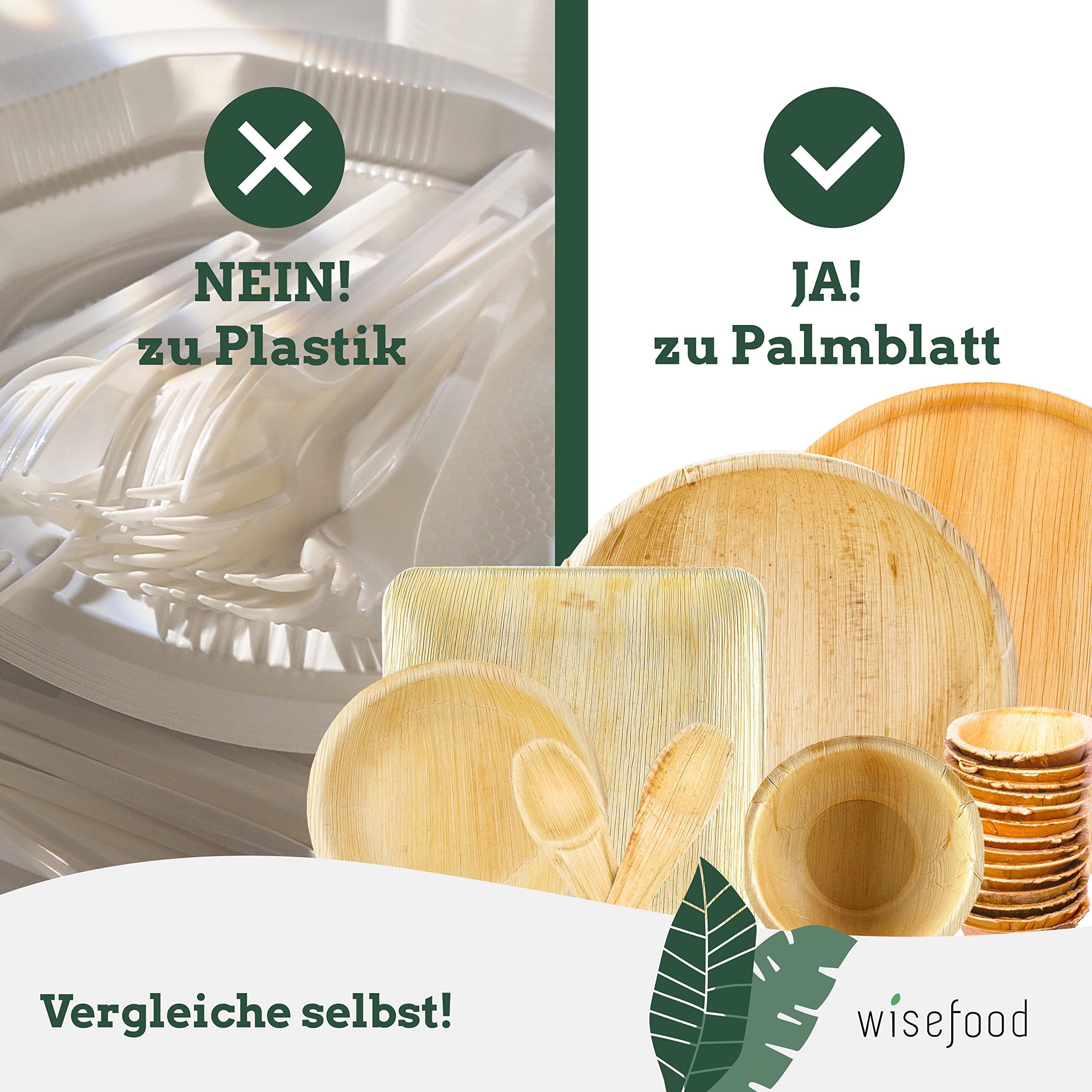 wisefood Talerz do pizzy z liści palmowych, 200 sztuk, jednorazowa deska do pizzy, okrągłe, płaskie, Ø 34 cm, biodegradowalne naczynia z liści palmowych, jednorazowe naczynia, idealne do pizzy i tart