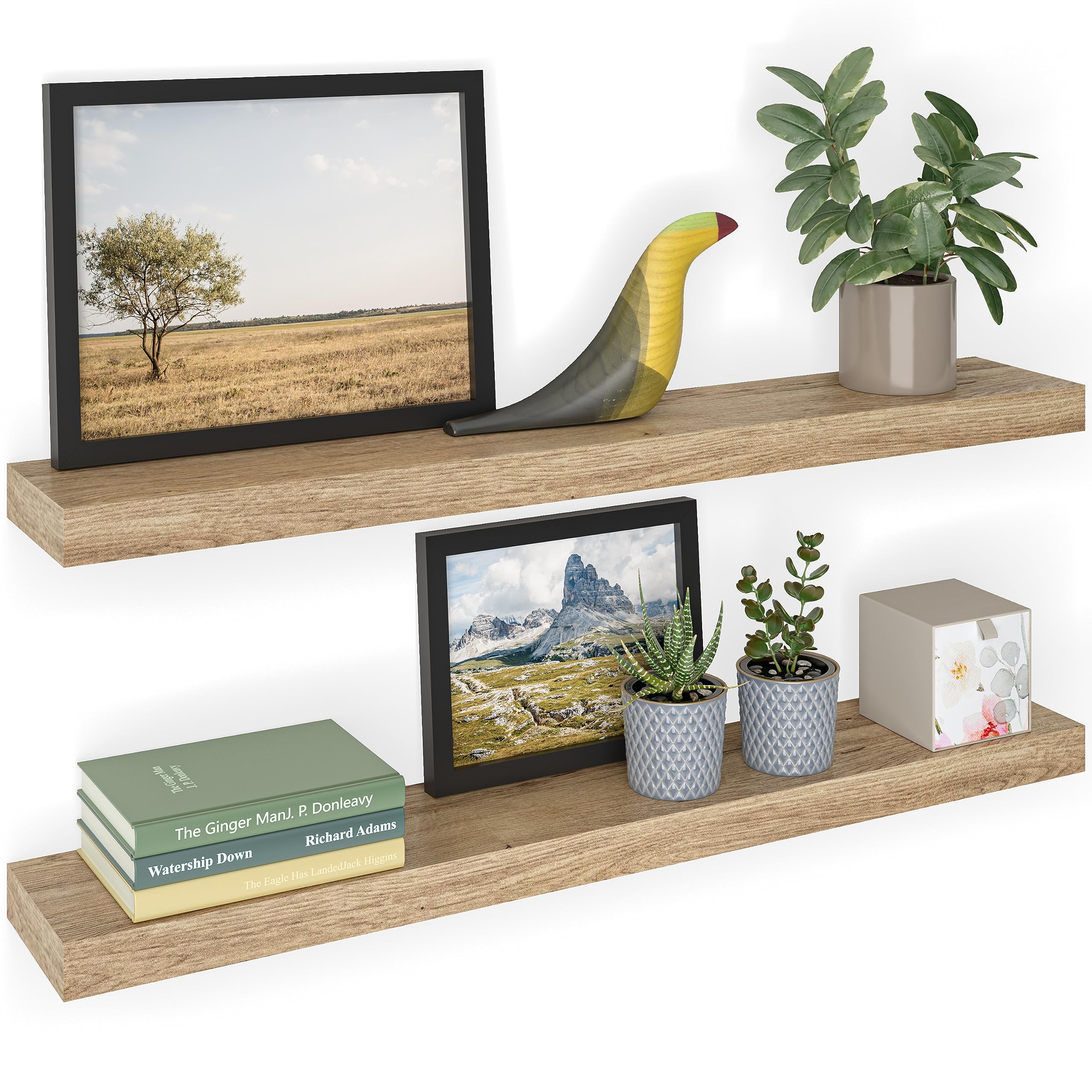 Ballucci Floating Shelves, 36" Wood Wall Shelf Set of 2, with Invisible Brackets for Bathroom, Living Room, Bedroom, Kitchen, Nursery, 6" Deep, Oak Finish