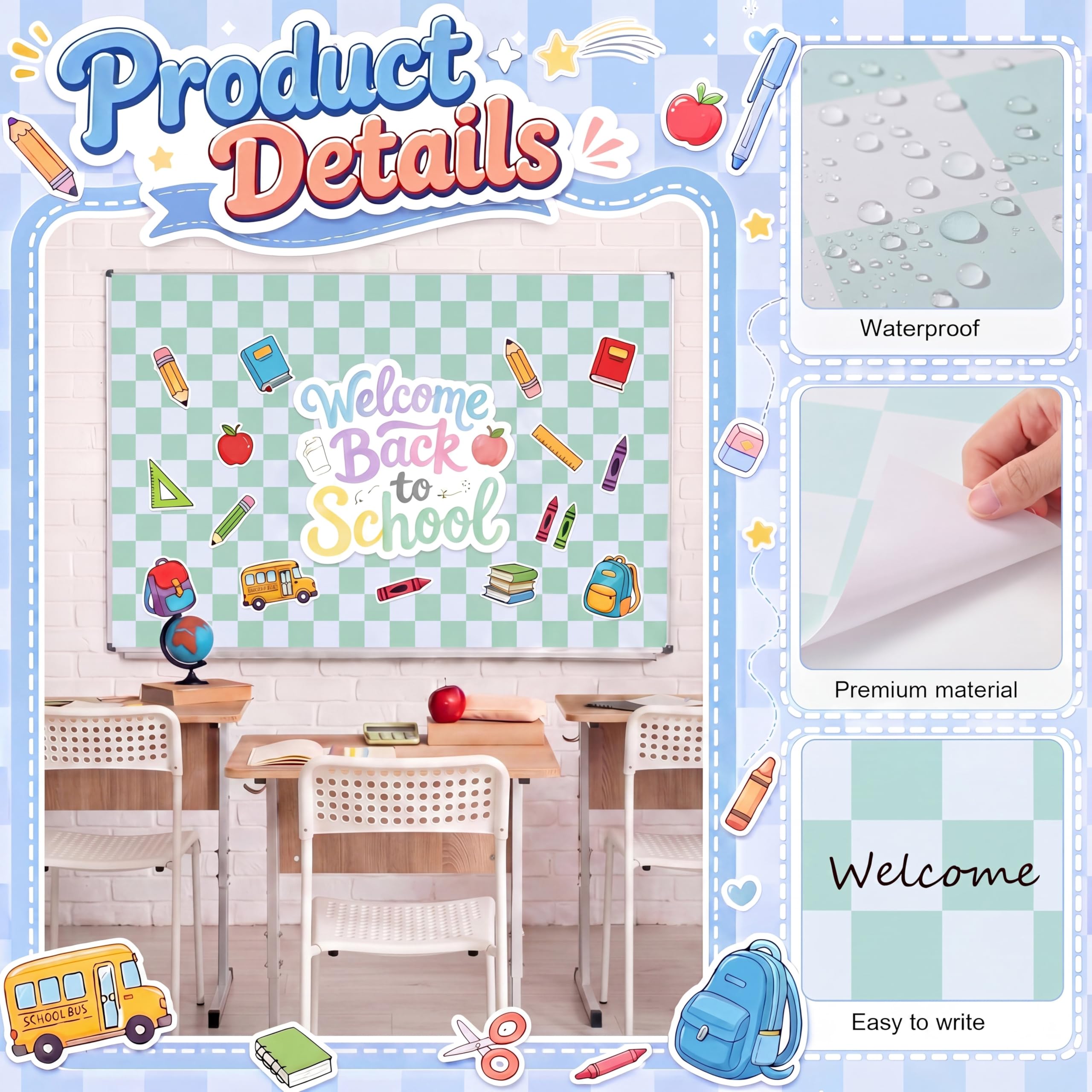 Funrous 6 rollos de papel de tablero de anuncios a cuadros, tablero de anuncios de regreso a clases, papel de fondo recubierto de papel para decoración de aula para profesores, decoración de pared