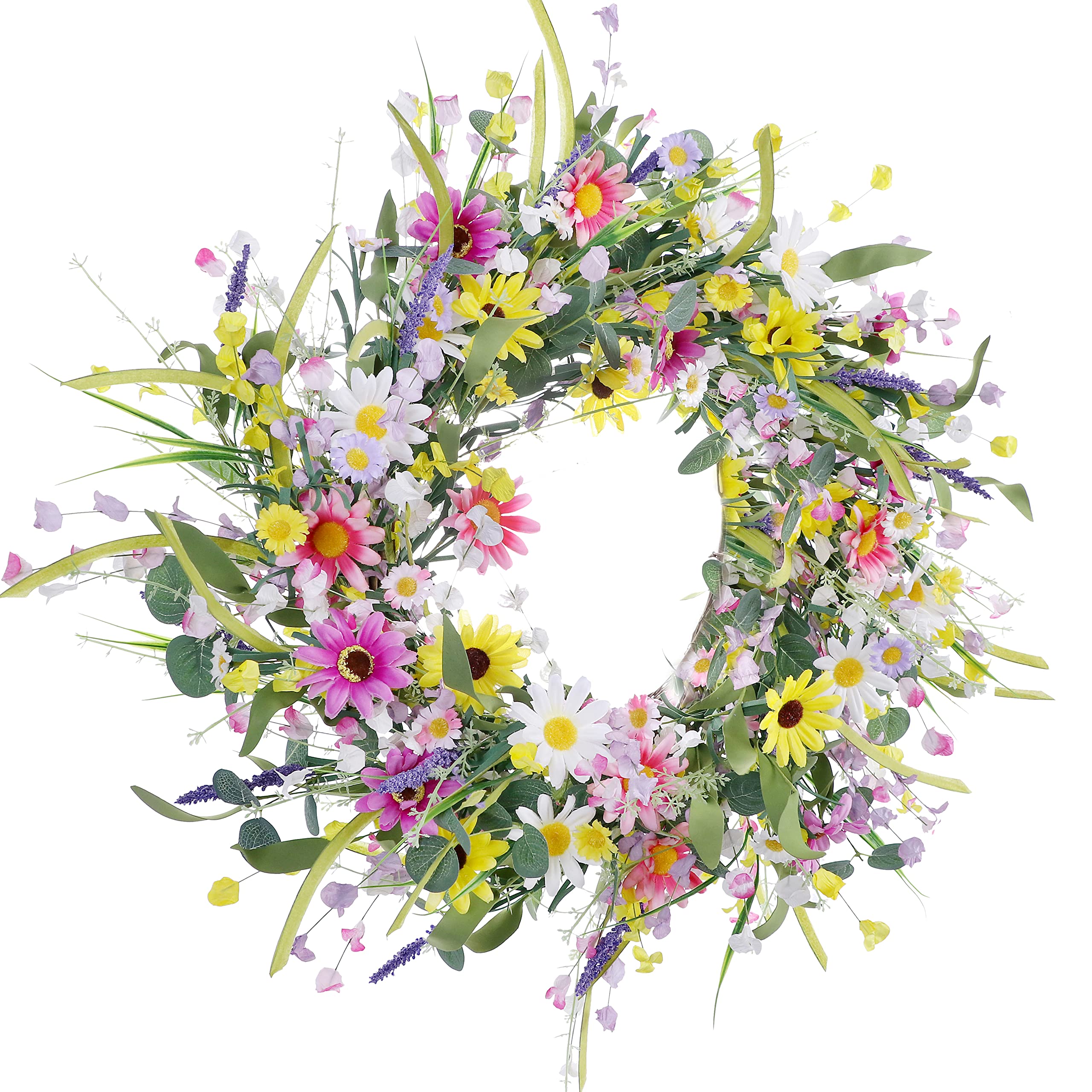Yawwind 28 Inch Spring Summer Wreaths for Front Door,Artificial Spring Summer Wreaths with Colorful Daisy Lavender and Green Eucalyptus Leaves Large for Spring Summer Indoor and Outdoor Decor