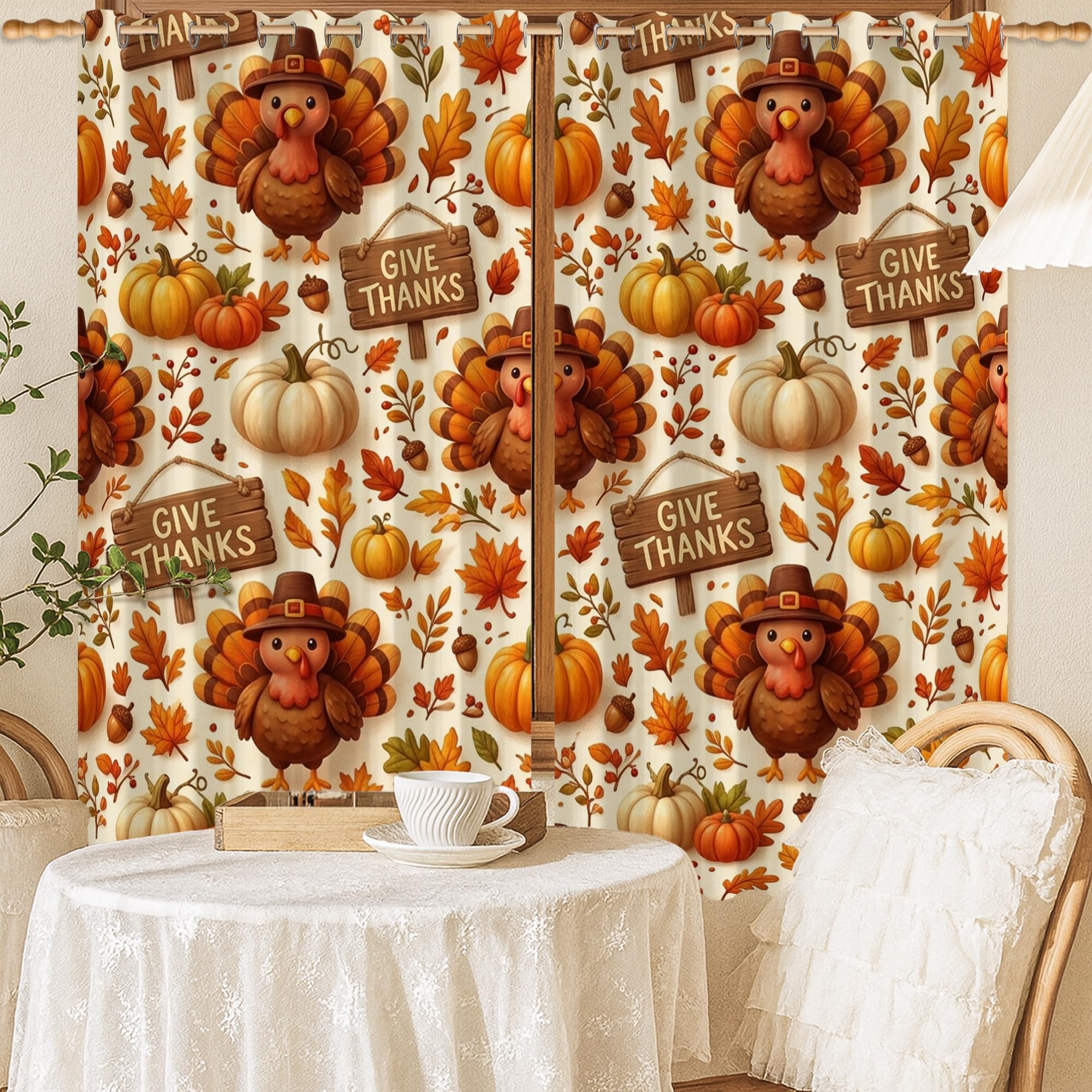 Rideaux occultants orange à motif Turquie et citrouilles pour salon et chambre 132x137cm