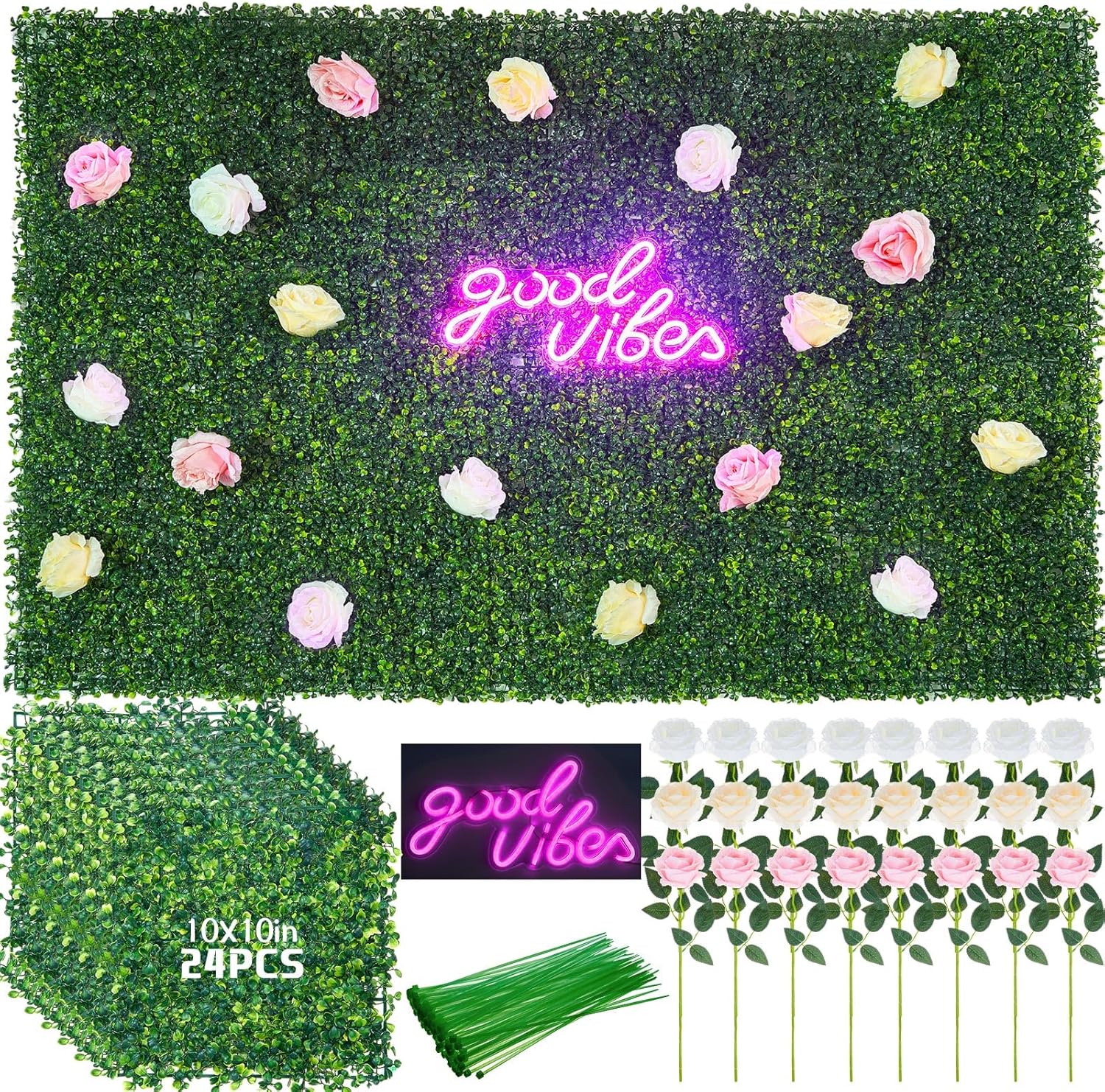 24 Pcs 10" x 10" Artificial Grass Flowers Wall Panels with 24 Pcs Rose Flowers and a Pink Good Vibes Neon Sign, Artificial Grass Backdrop for Bedroom Wall Decor Bachelor Party Indoor Outdoor