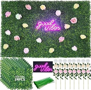 24 Pcs 10" x 10" Artificial Grass Flowers Wall Panels with 24 Pcs Rose Flowers and a Pink Good Vi...
