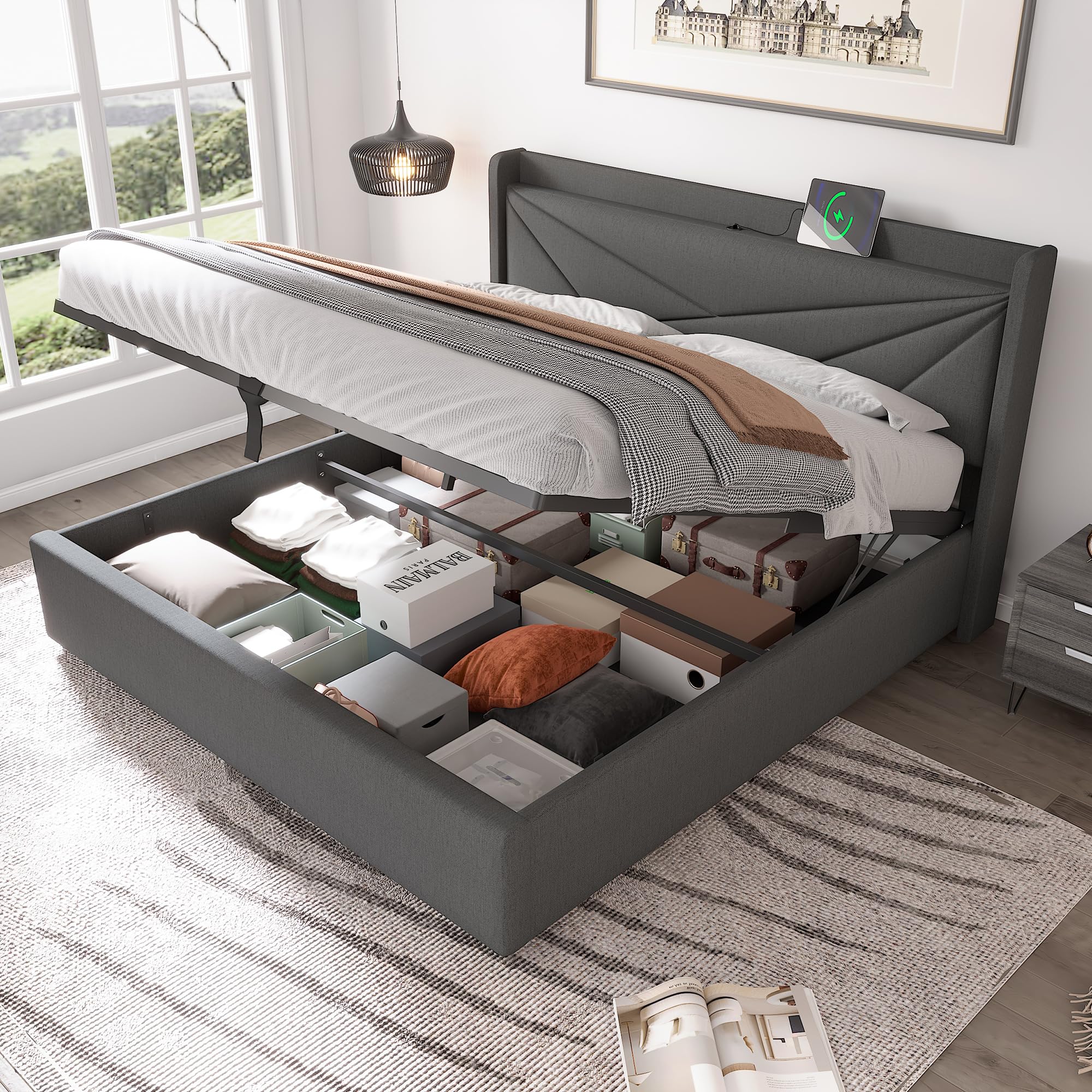 MURUL Letto imbottito per letto matrimoniale, contenitore con funzione di ricarica USB tipo C, testiera, con rete a doghe, telaio in tessuto di lino, per ragazzi (grigio, 160 x 200 cm)