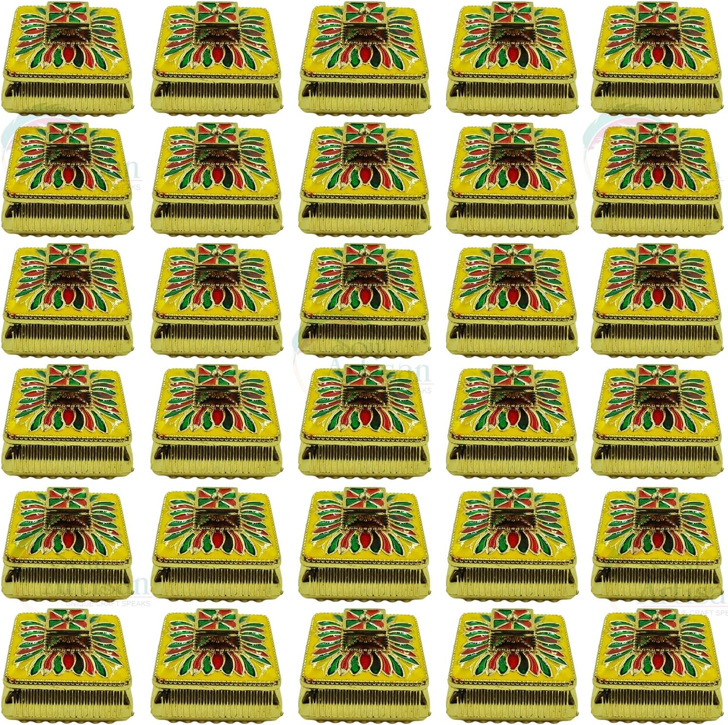 Square Design Single Kumkuma Holder Chimil Box - Plastic Golden Metallic Color(Pack of 30) - Decorative Art Design Tilak Daani, Sindoor for Women Return Gift, Diwali, Weddings, Pooja