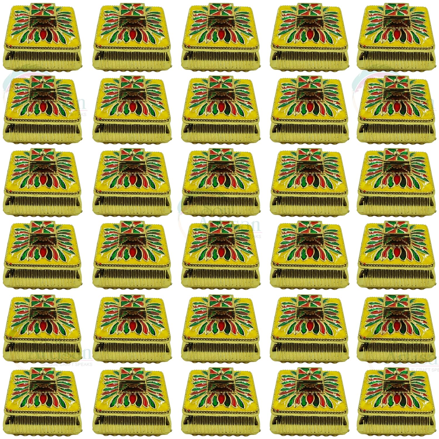 Soul Artisan Square Design Single Kumkuma Holder Chimil Box - Plastic Golden Metallic Color(Pack of 30) - Decorative Art Design Tilak Daani, Sindoor for Women Return Gift, Diwali, Weddings, Pooja