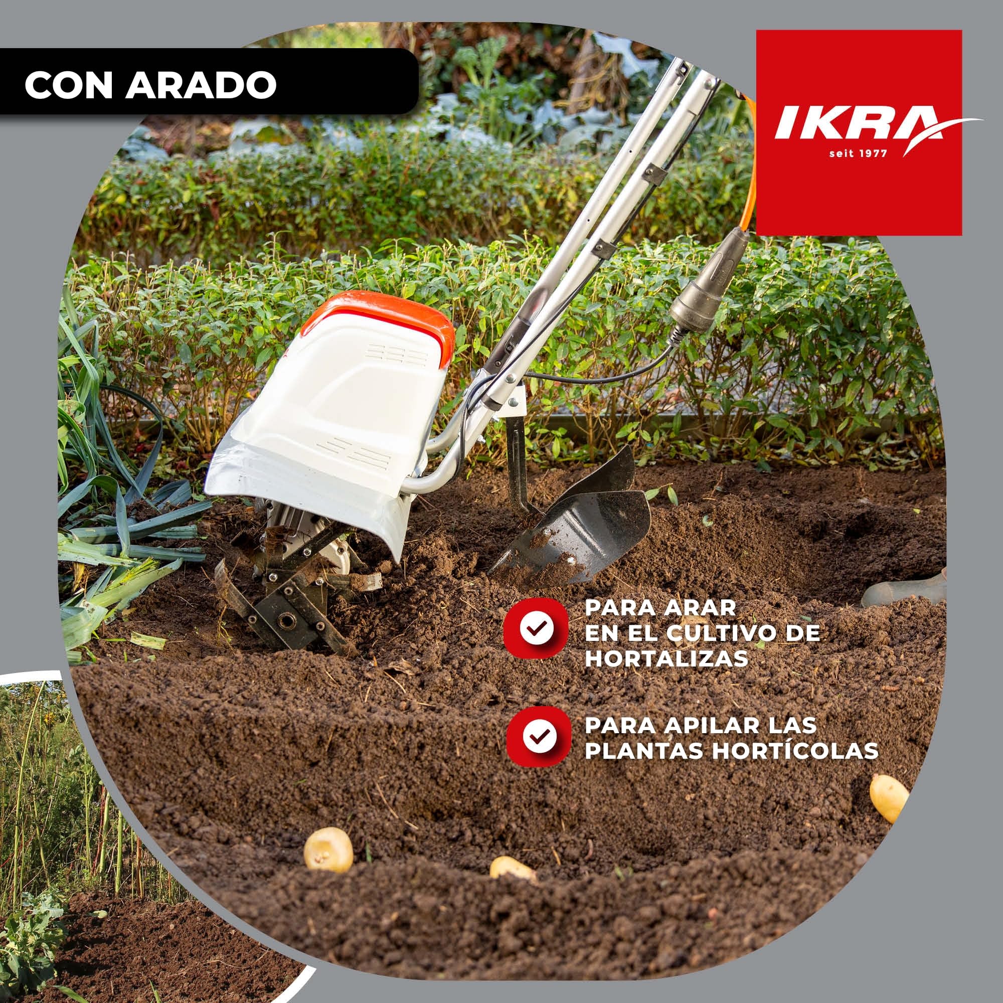 IKRA motoazada eléctrica motocultor cultivador Fem 1500, Ancho útil 17-45cm, 1500W, Incl. arado aporcador