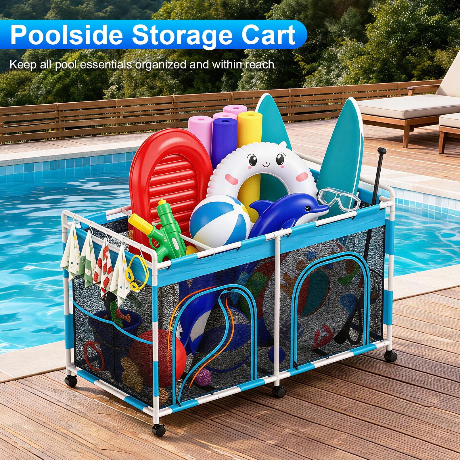 Upgrade - Carrito de almacenamiento para piscina con ruedas, 160 × 82 × 98 cm, organizador de malla para equipo de natación, fideos de piscina, juguetes y toallas, gran capacidad con asa y
