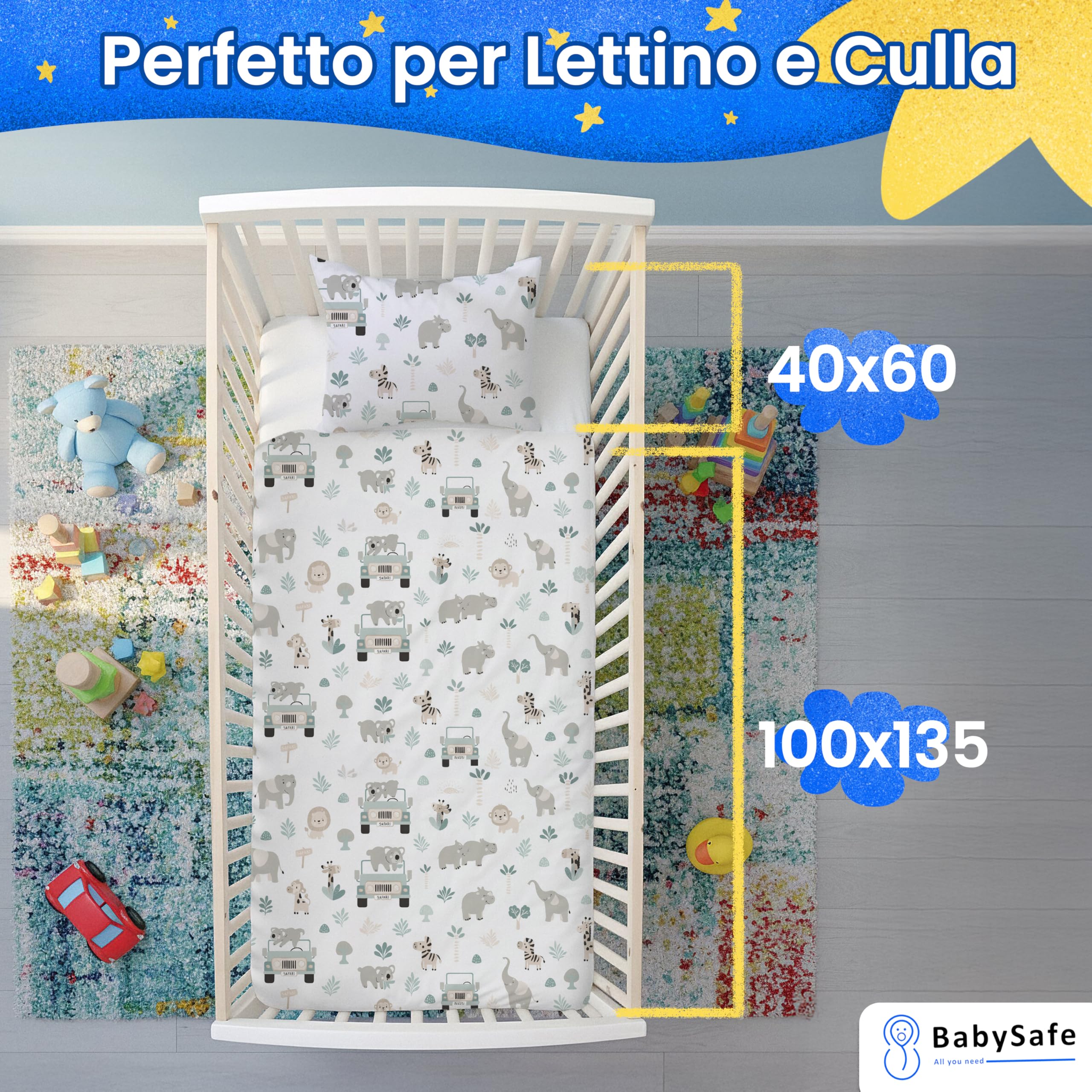BABYSAFE Set Copripiumino Lettino 100x135 e Federa Cuscino 40x60 Coordinata, 100% Cotone Certificato Oeko-Tex - Copripiumino 100x135 Neonato per Culla, Lettino o Carrozzina Made in Europe
