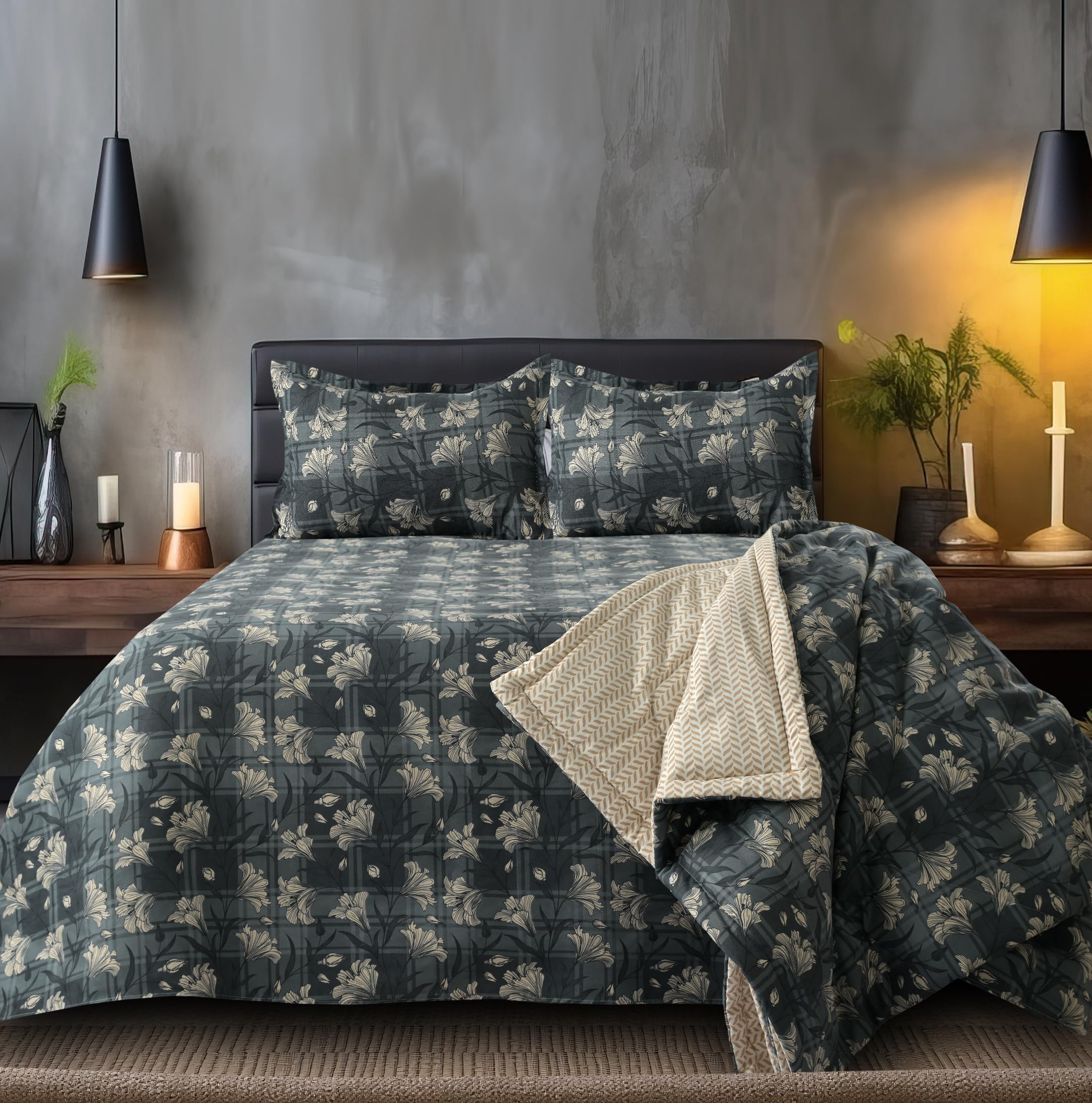 150 GSM Luxe Glace Cotton Bedding Set with Reversible 2in1 Comforter Double Bed Queen Size 90x100 Inches with Matchinig Bedsheet and 2 Pillow Covers, 4 Piece Bedding Set, Black & Beige-image-44