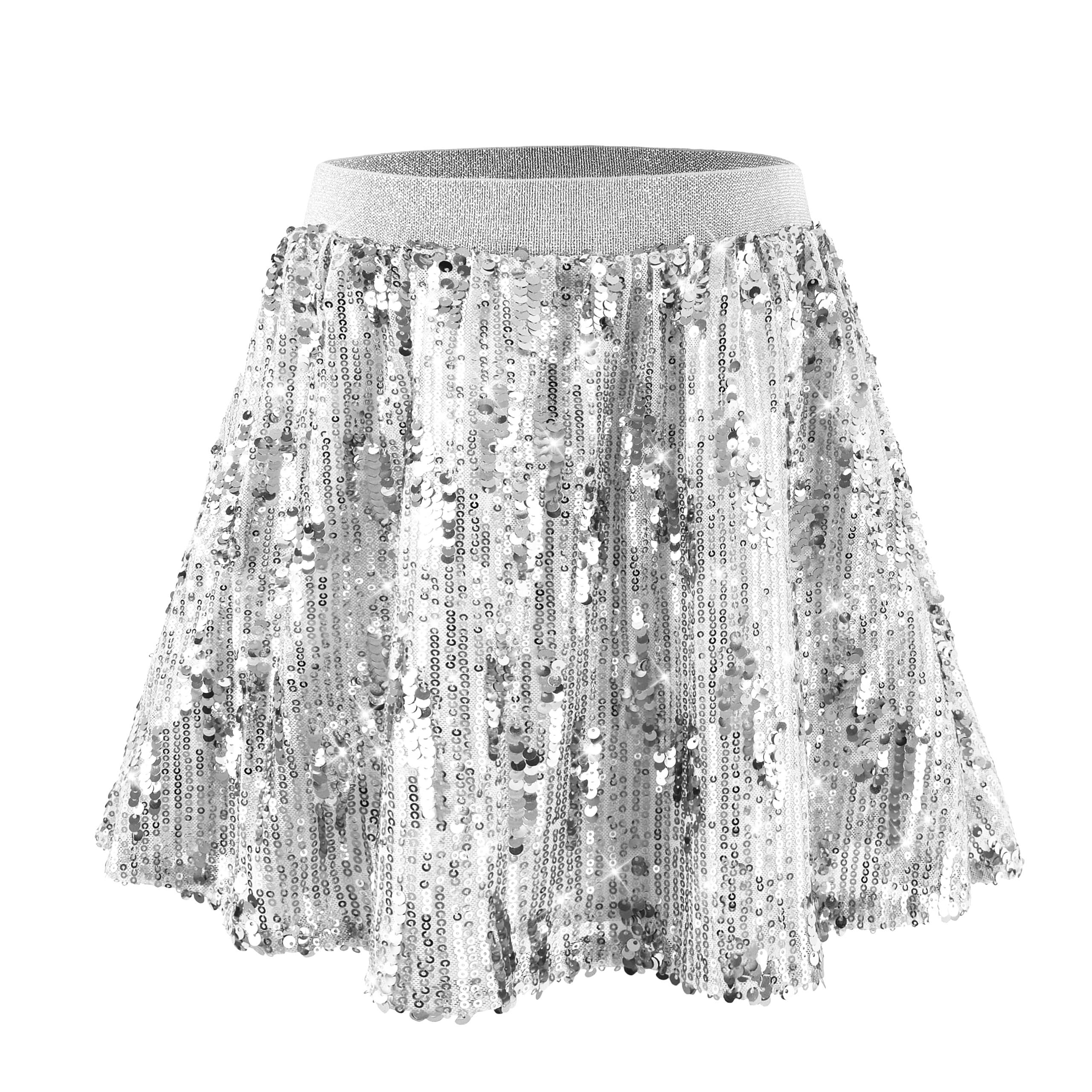 Rolanko Girls Sequin Skirt with Shorts, Sparkly Skort Elastic Waist 5-12Y