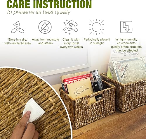 Miniatura 10 de Juego de cestas de mimbre  Contenedores de almacenamiento apilables para organizar despensa y cocina  1 cesta grande + 2 cestas pequeñas con asa